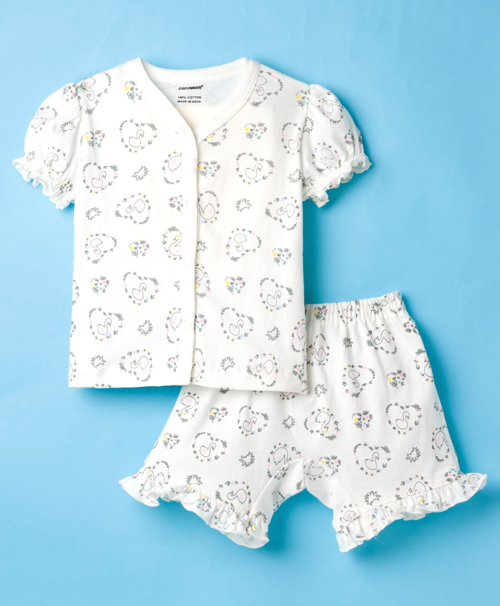 CUCUMBER Knit Half Sleeves Shorts Co-ord Night Suit With Swan & Heart Print - White-image-24