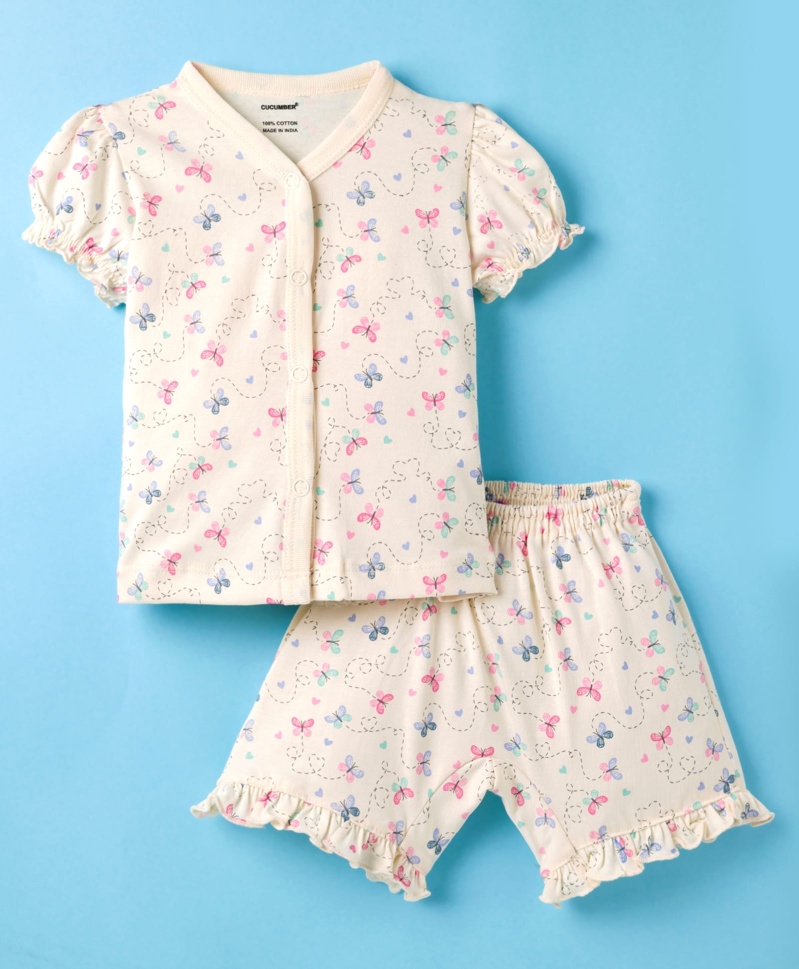 CUCUMBER Knit Half Sleeves Shorts Co-ord Night Suit With Butterfly Print - Cream-picture-35