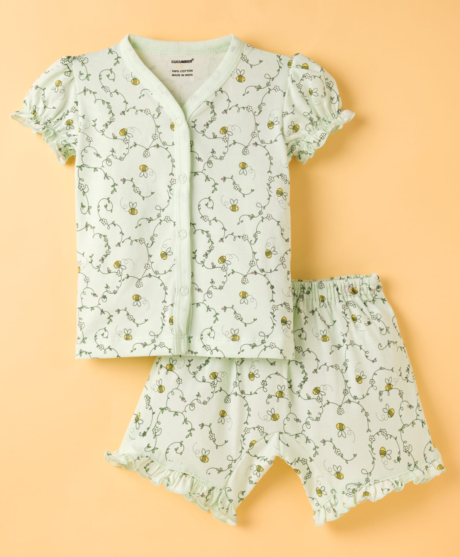 CUCUMBER Knit Half Sleeves Shorts Co-ord Night Suit With Honeybee & Floral Print - Light Green-image-22