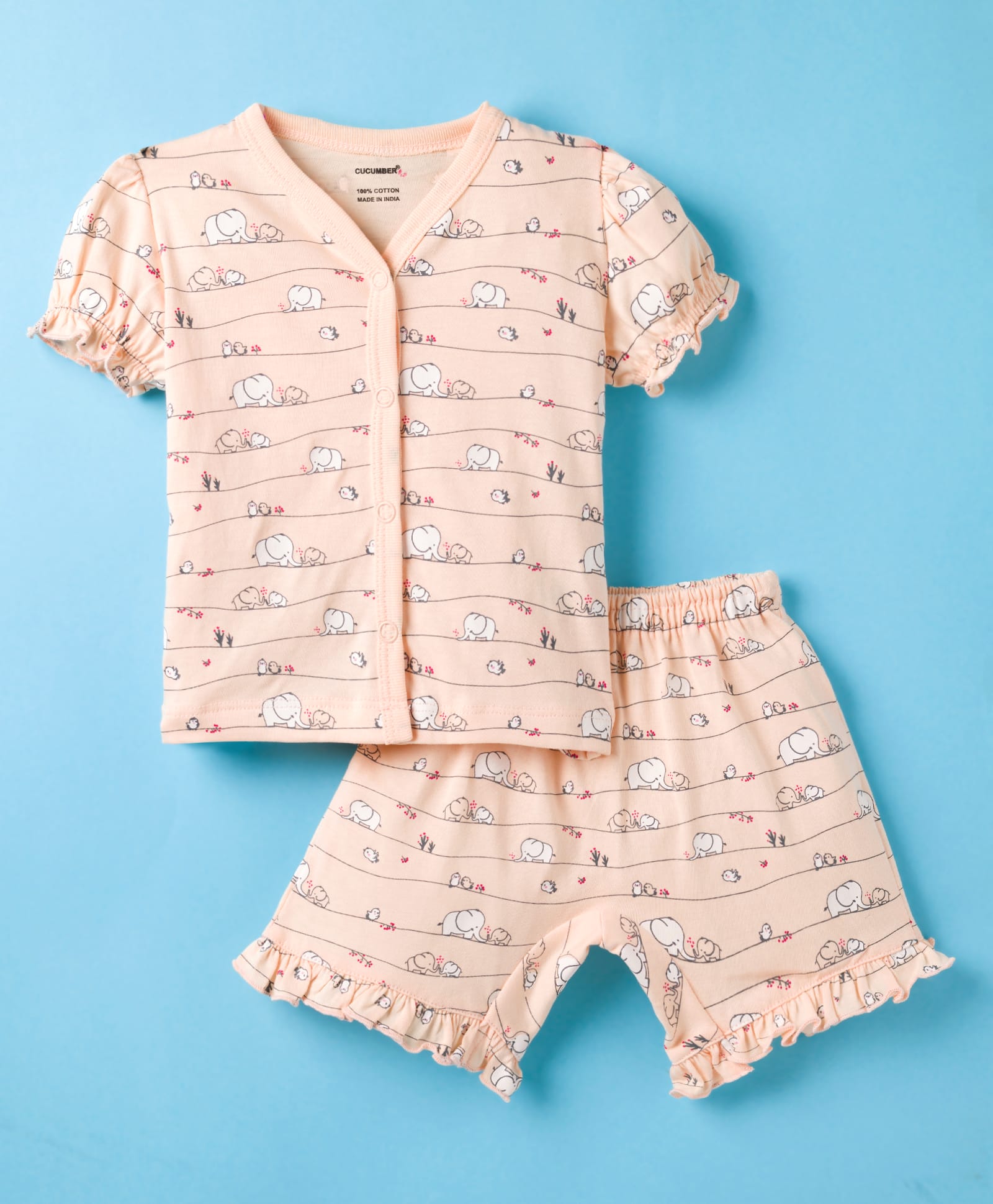 CUCUMBER Knit Half Sleeves Shorts Co-ord Night Suit With Elephant Print - Peach-image-39