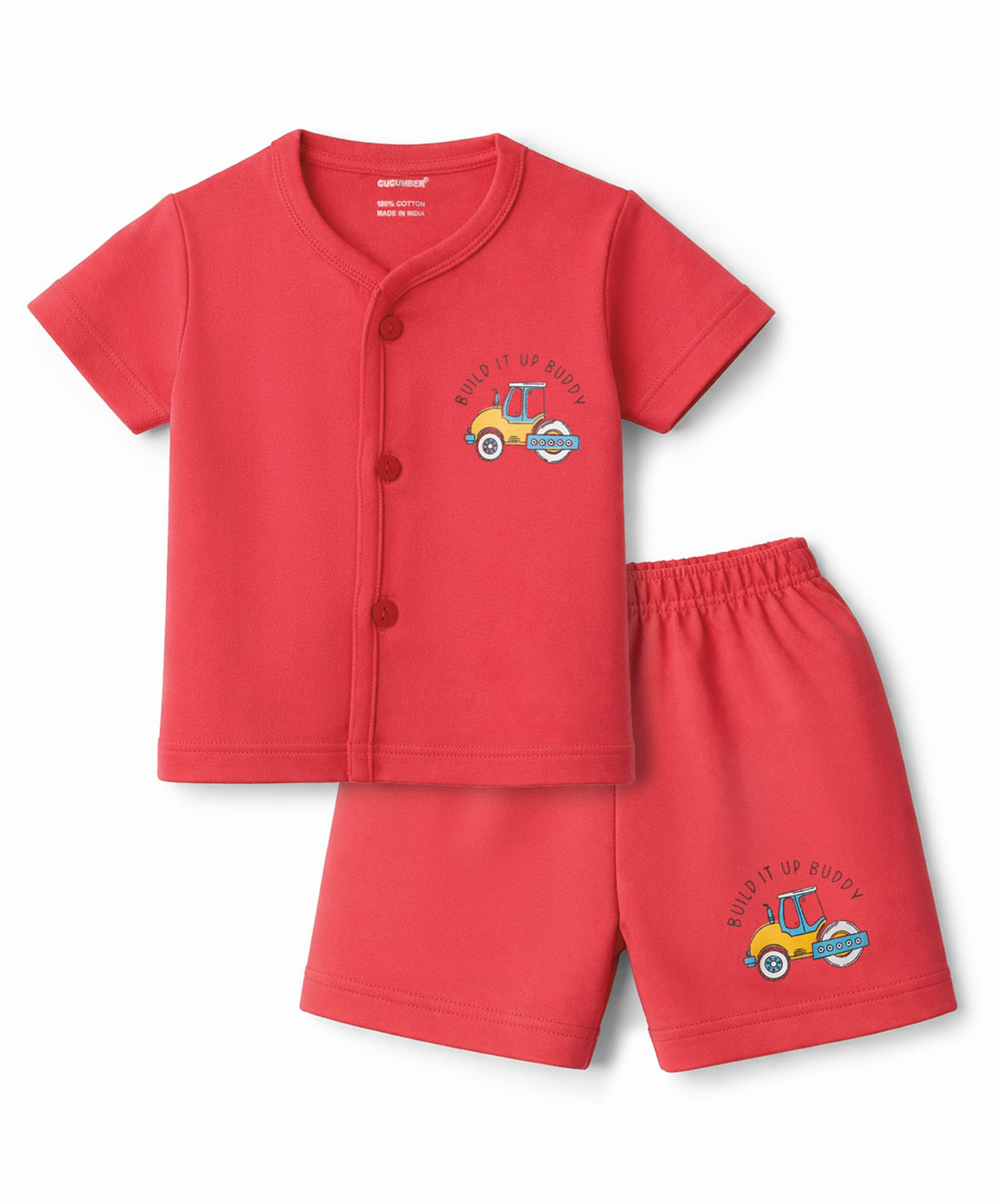 CUCUMBER Knit Half Sleeves T-Shirt & Shorts Set With Tractor Print - Dark Pink-image-44