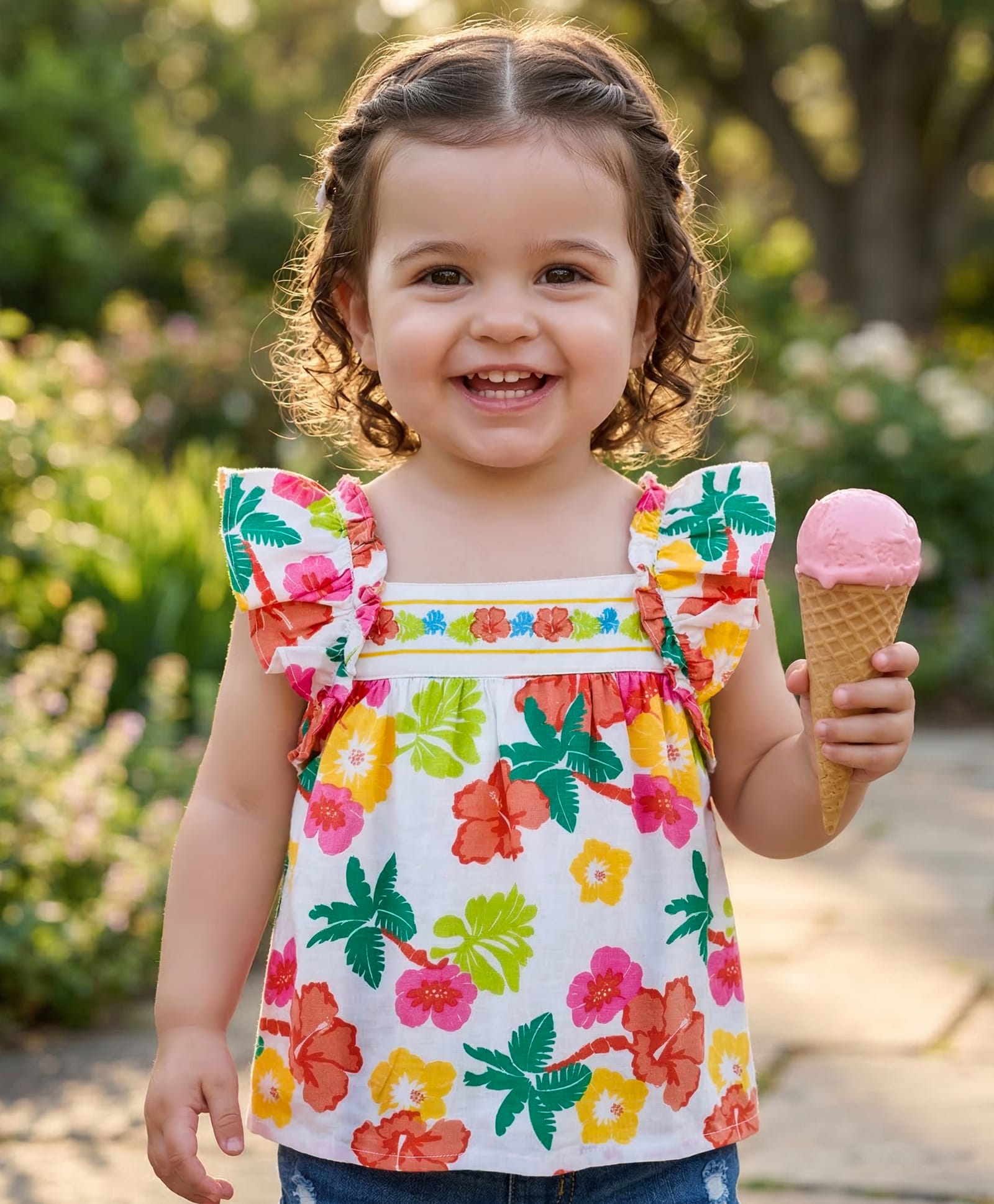 Babyoye Poplin Woven Frill Sleeves Top With Floral Print - White