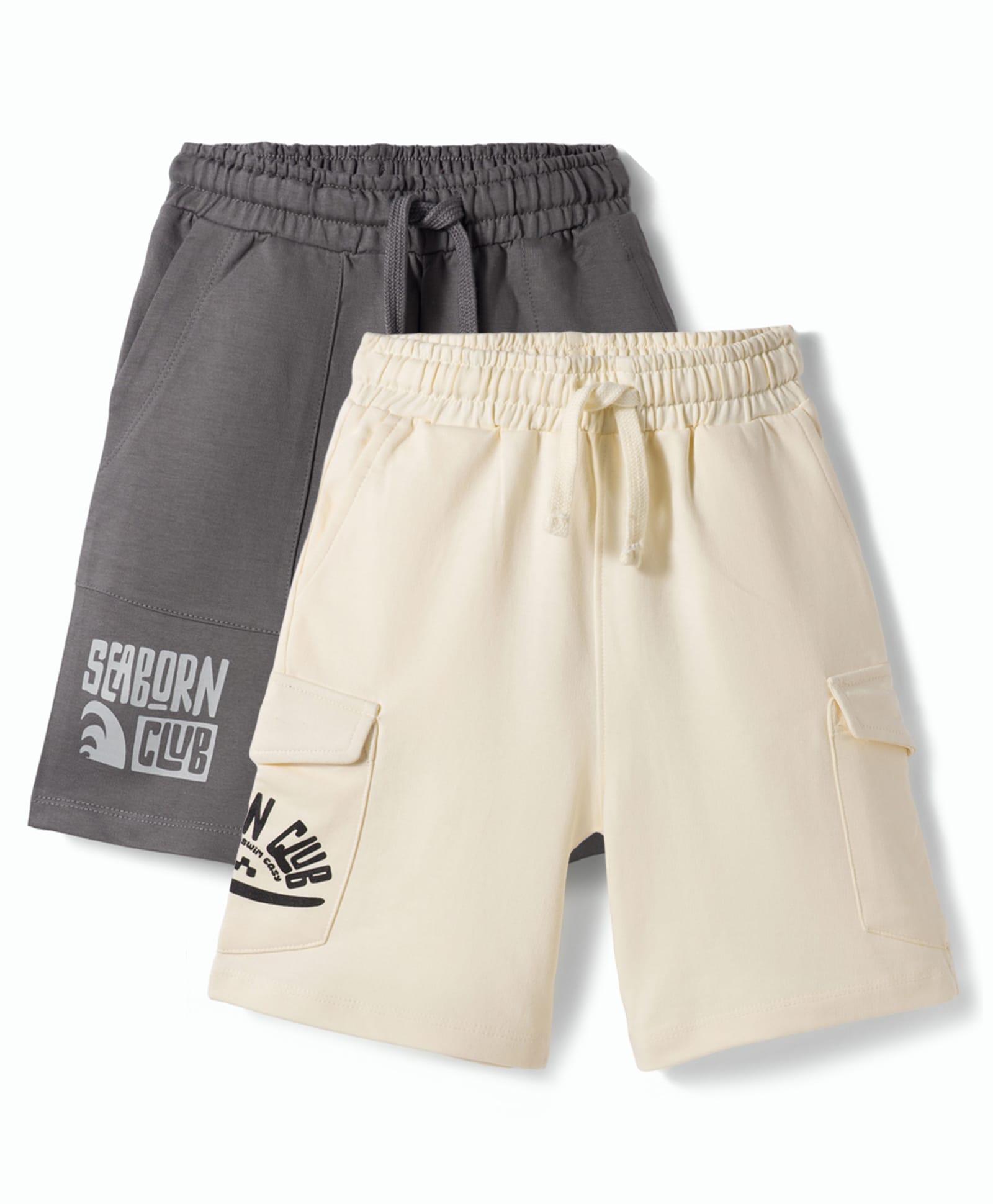 Primo Gino 100% Cotton Knit French Terry Knee Length Cargo Shorts With Beach Theme Print Pack Of 2 - OffWhite & Dark Grey-picture-19