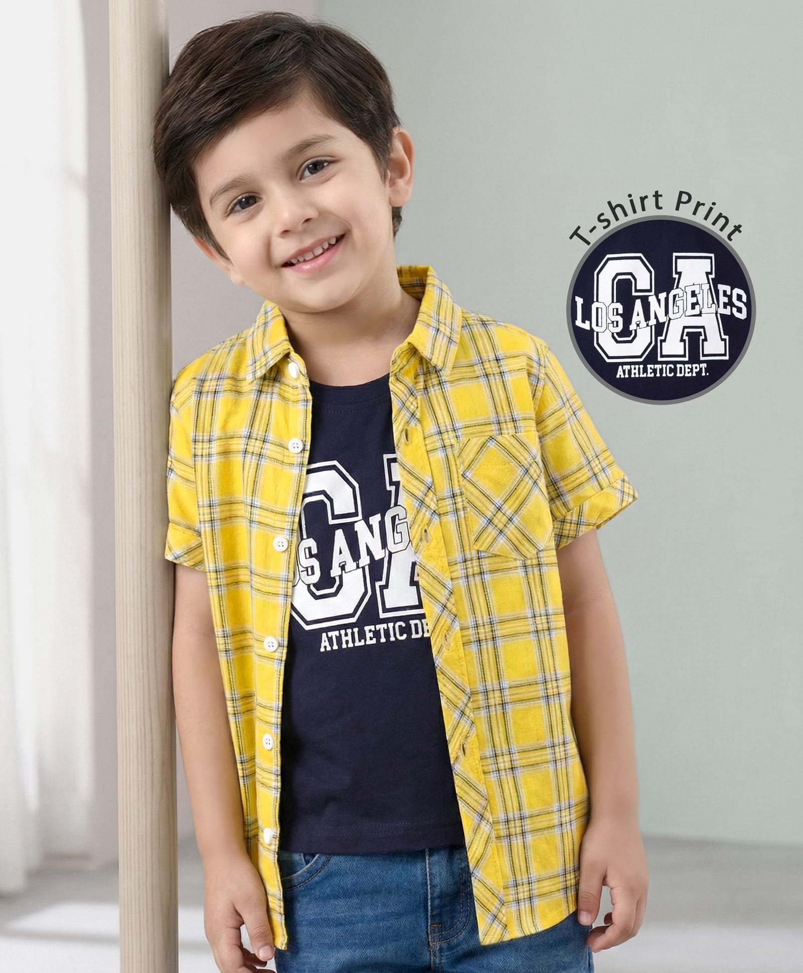 Babyhug Cotton Woven Half Sleeves Checks Shirt with Text Printed T-Shirt - Yellow-image-11