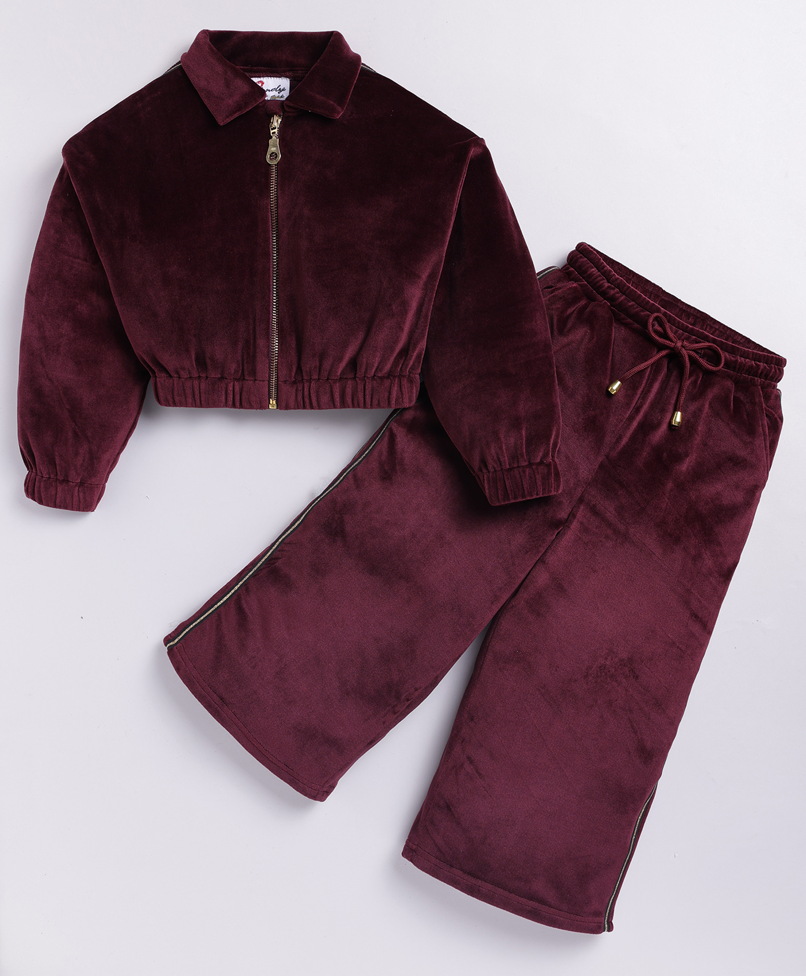 M'andy Velvet Knit Full Sleeves Solid Crop Jacket & Pants Set - Wine