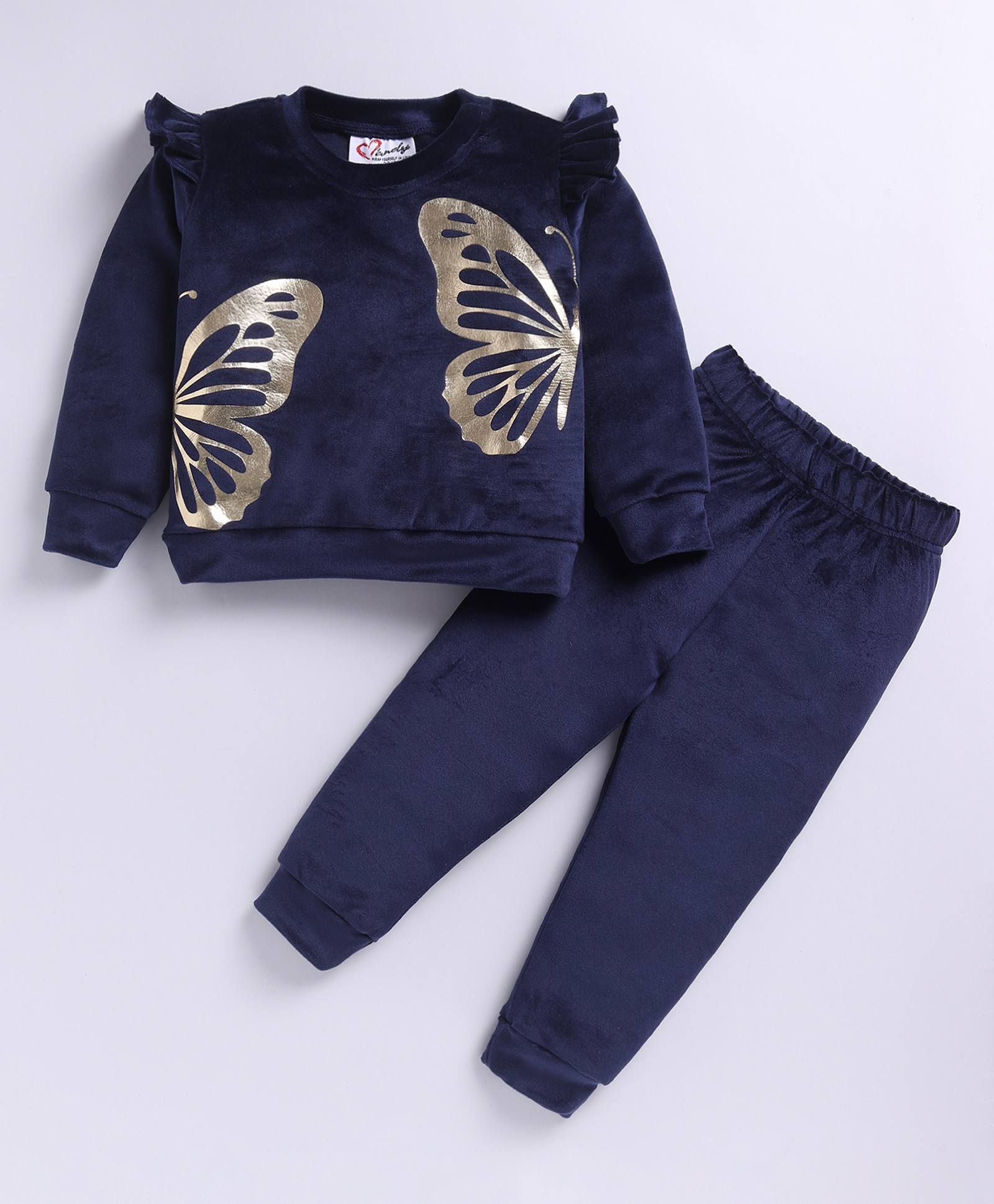 M'andy Velvet Knit Full Sleeves Butterfly Foil Printed Winter Sweatshirt & Joggers Set - Blue-picture-21