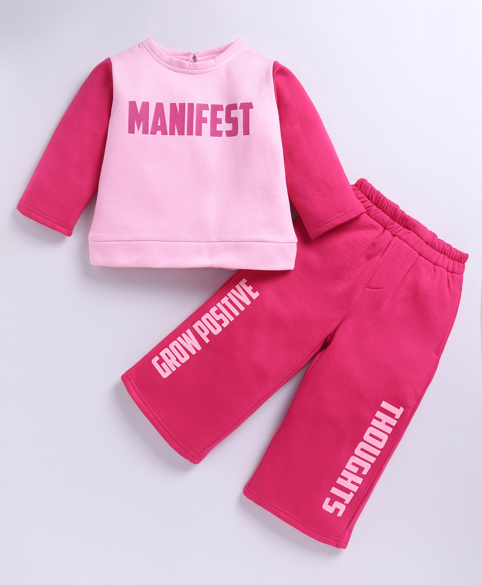 M'andy Fleece Knit Full Sleeves Manifest Text Printed Winter Sweatshirt & Joggers Set - Magenta-picture-27