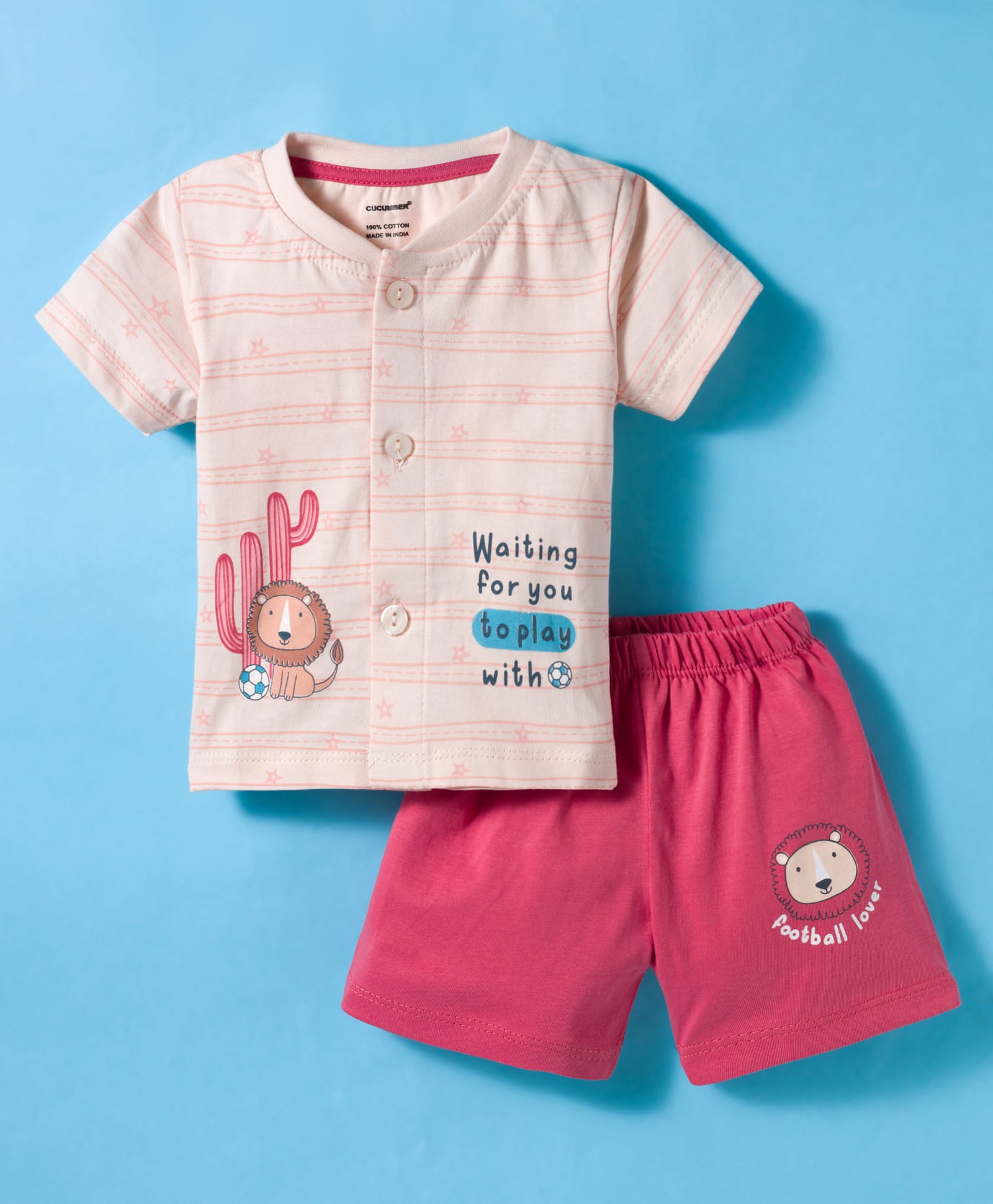CUCUMBER Knitted Half Sleeves T-Shirt & Shorts Set with Tiger Print - Baby Pink-picture-10