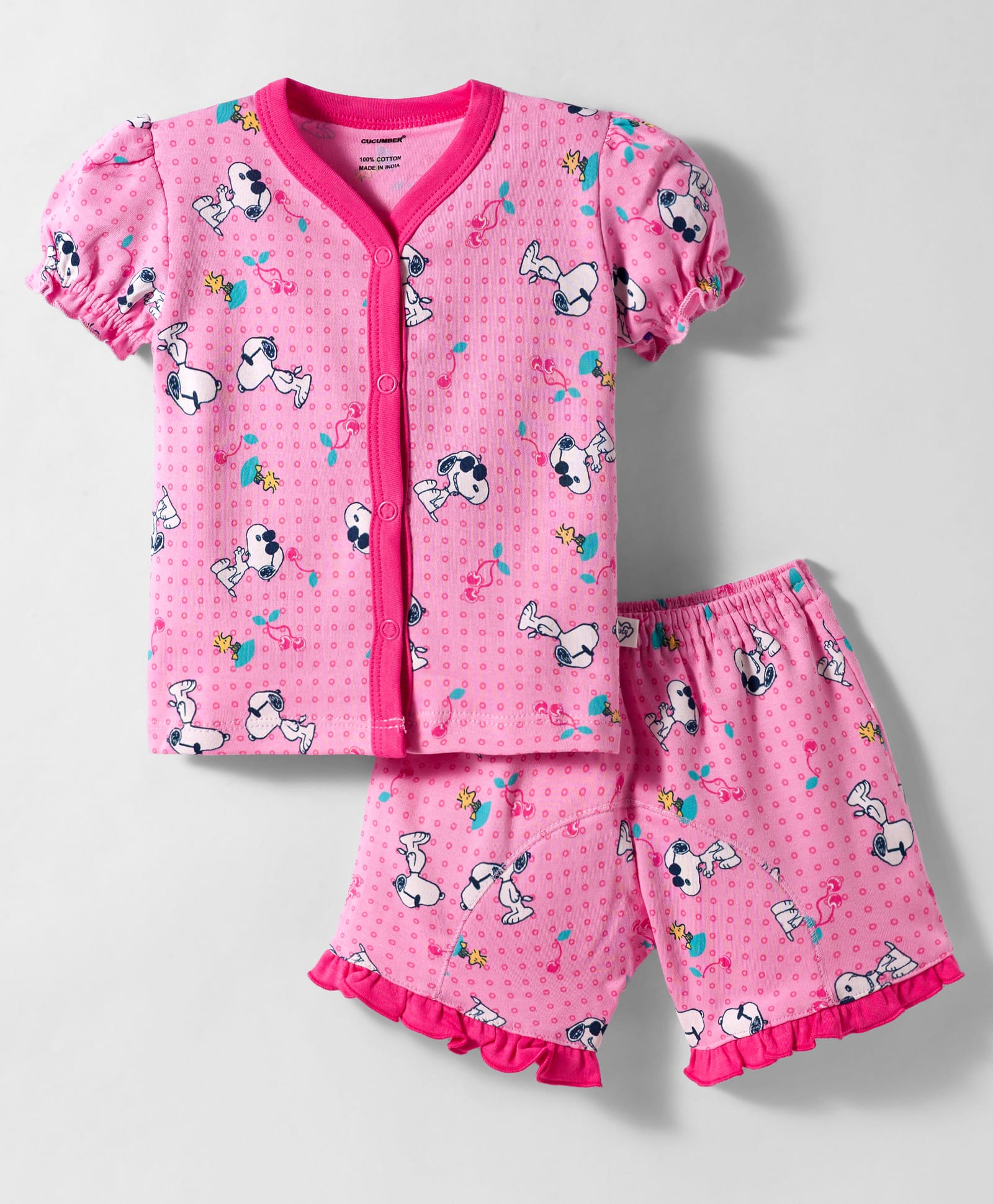 CUCUMBER Knit Half Sleeves Shorts Co-ord Night Suit With Snoopy Print - Pink-image-33