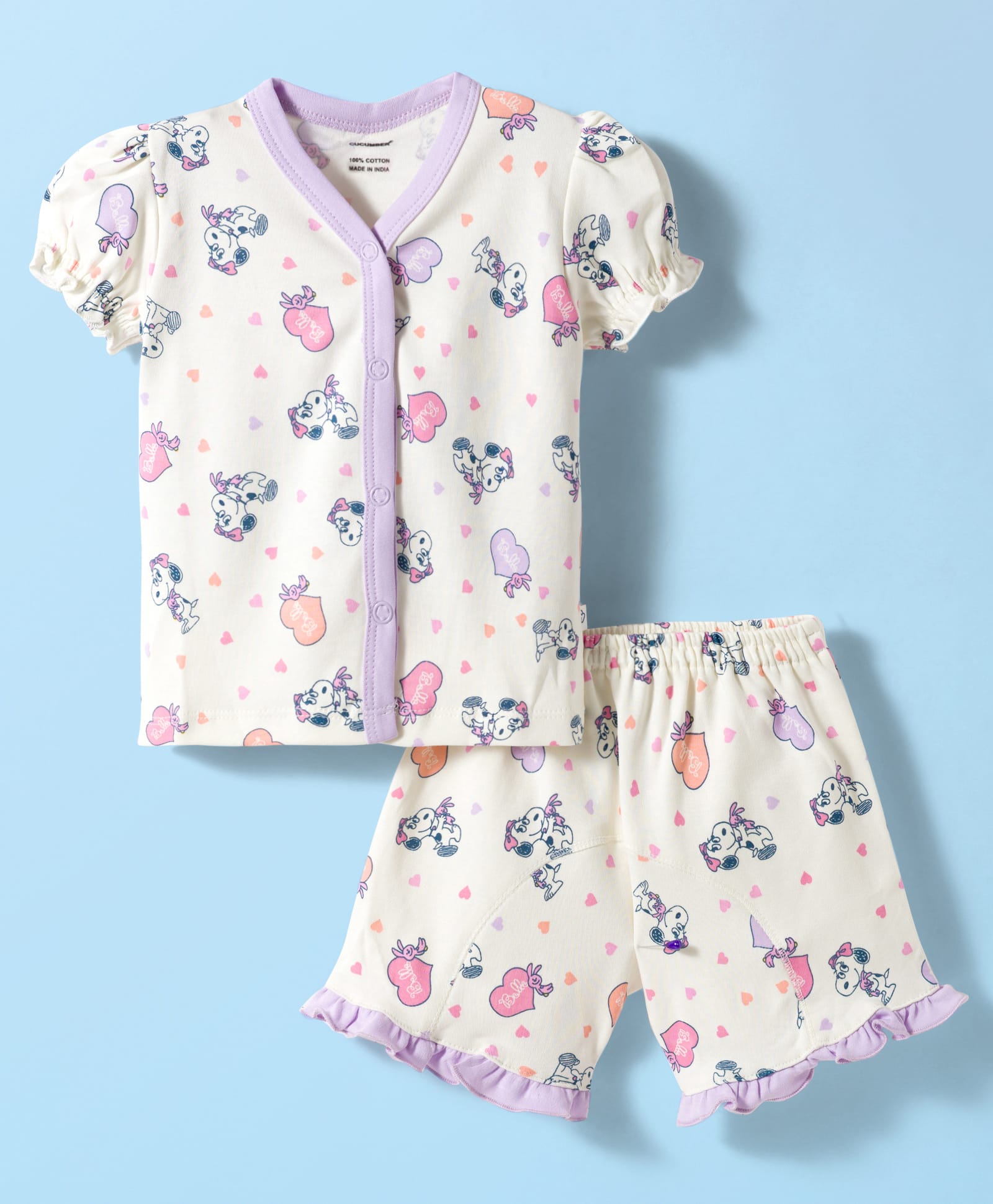 CUCUMBER Knit Half Sleeves Shorts Co-ord Night Suit With Snoopy Print - Cream-picture-36