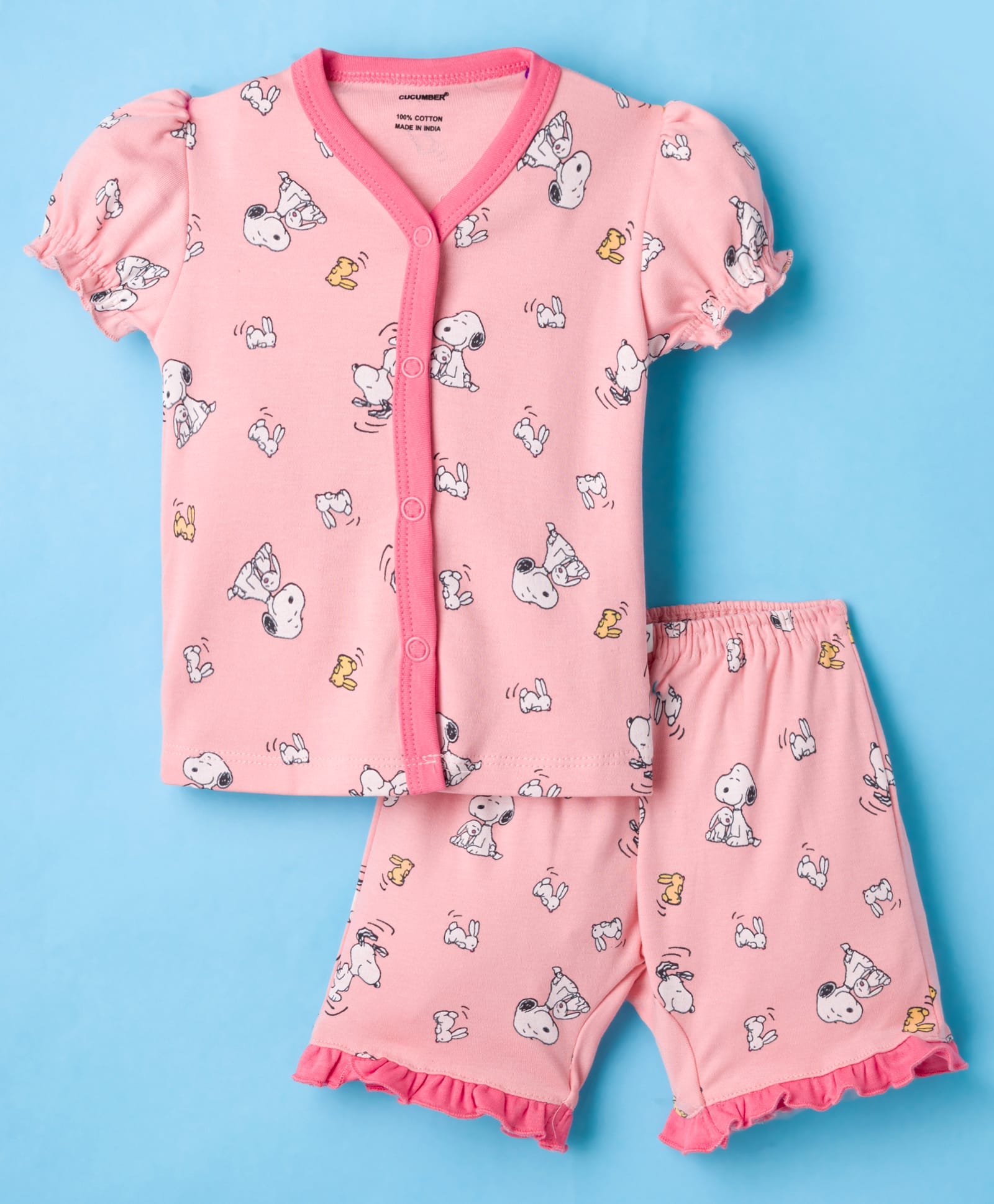 CUCUMBER Sinker Knit Half Sleeves Shorts Night Suit With Snoopy Print - Pink-picture-30