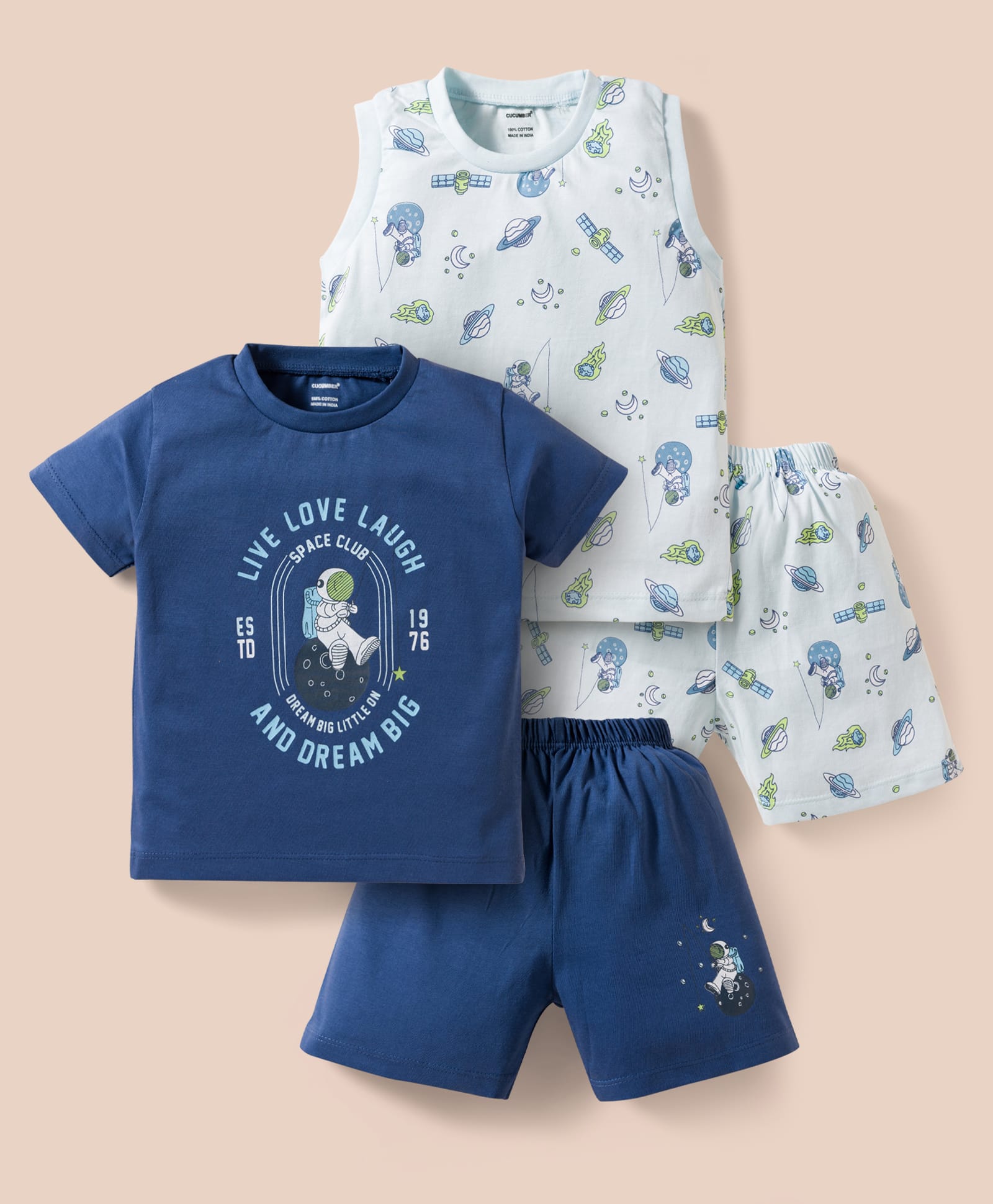 CUCUMBER Knitted Half Sleeves T-Shirts & Shorts Set with Space Theme Print Pack of 2 - Navy & Light Blue