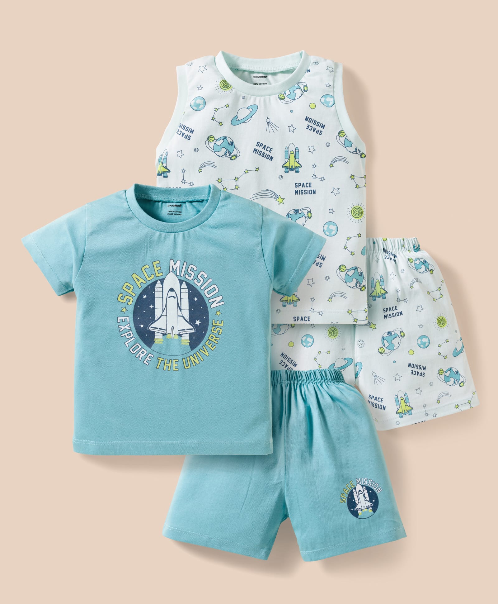 CUCUMBER Knitted Half Sleeves T-Shirts & Shorts Set with Space Theme Print Pack of 2 - Light & Aqua Blue