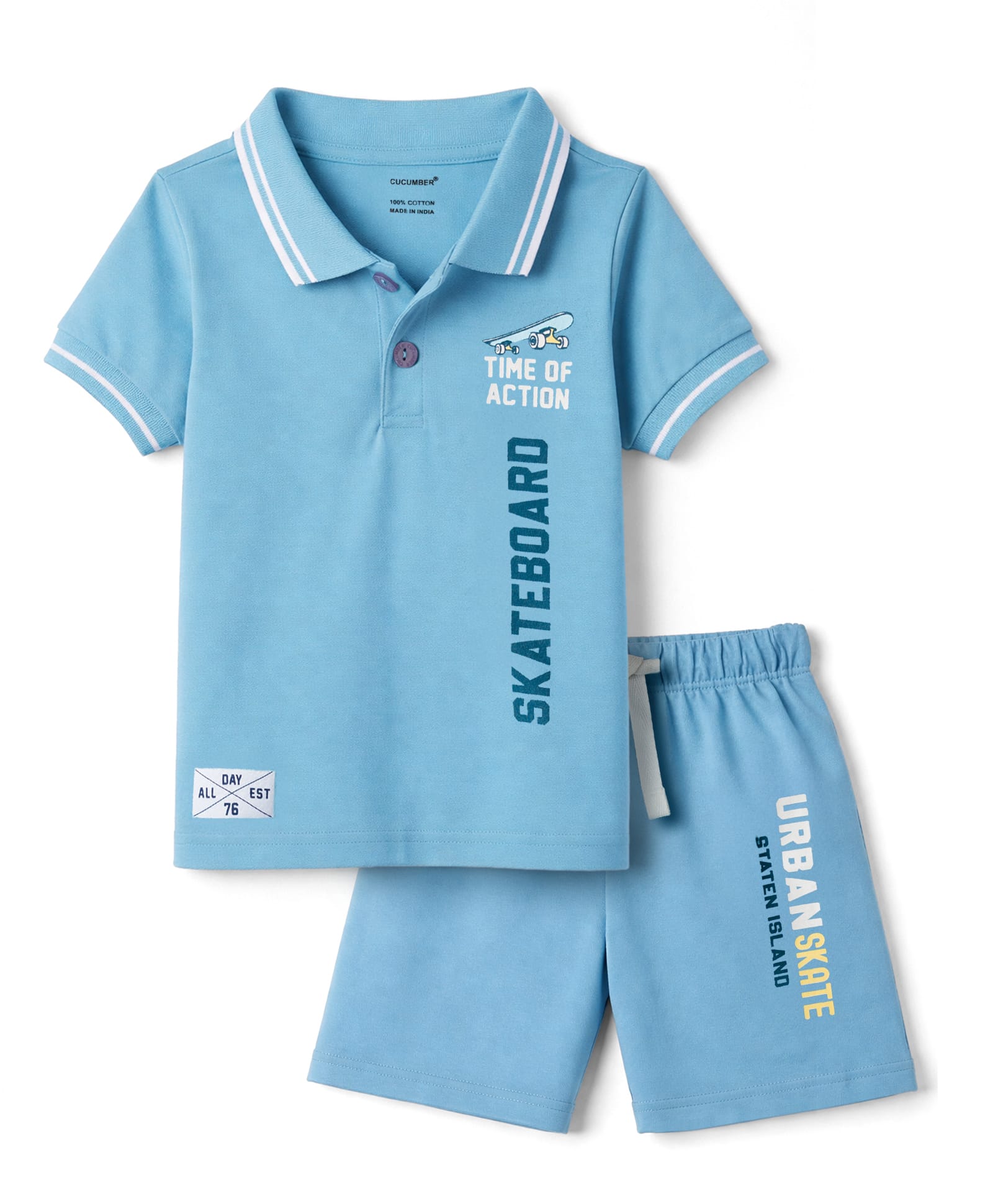 CUCUMBER Knit Half Sleeves Polo T-Shirt & Shorts Set With Skateboarding Print - Light Blue-image-8