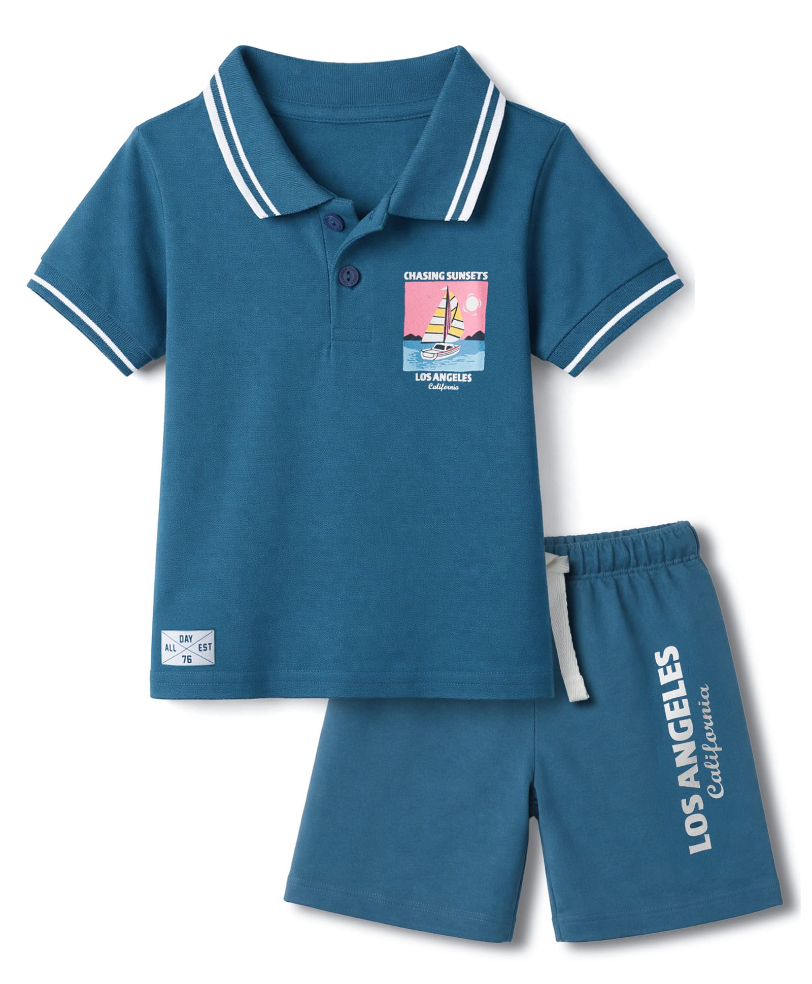 CUCUMBER Knitted Half Sleeves Polo T-Shirt & Shorts Set with Nautical Theme Print - Teal Blue-image-2