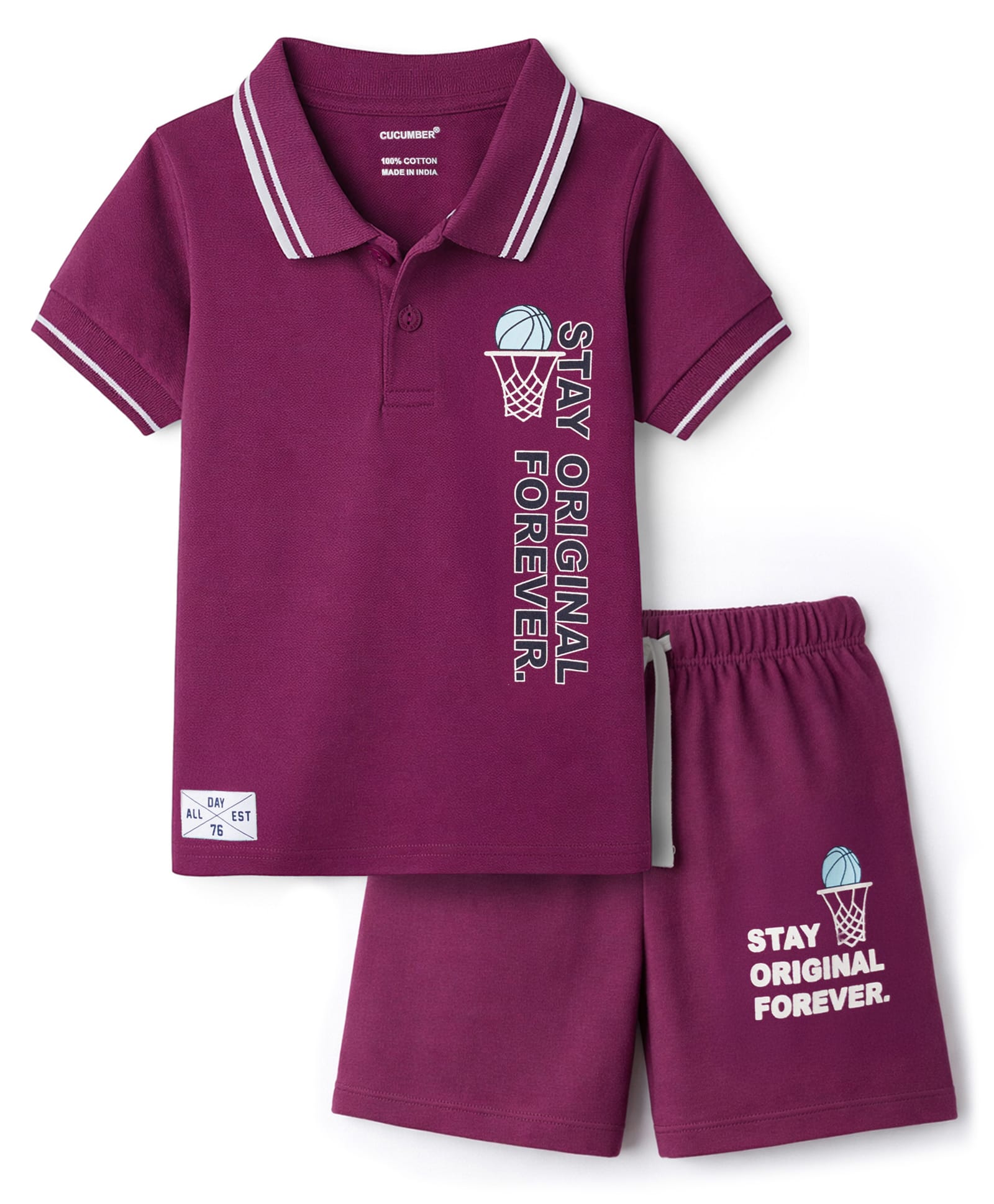 CUCUMBER Knitted Half Sleeves Polo T-Shirt & Shorts Set with Sport Theme Print - Wine-image-2
