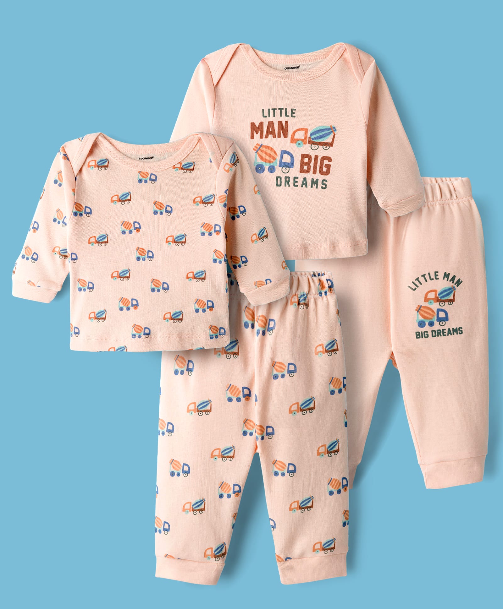 CUCUMBER Knitted Full Sleeves Co-ords Night Suit With Vehicle Print Pack Of 2 - Peach-picture-25