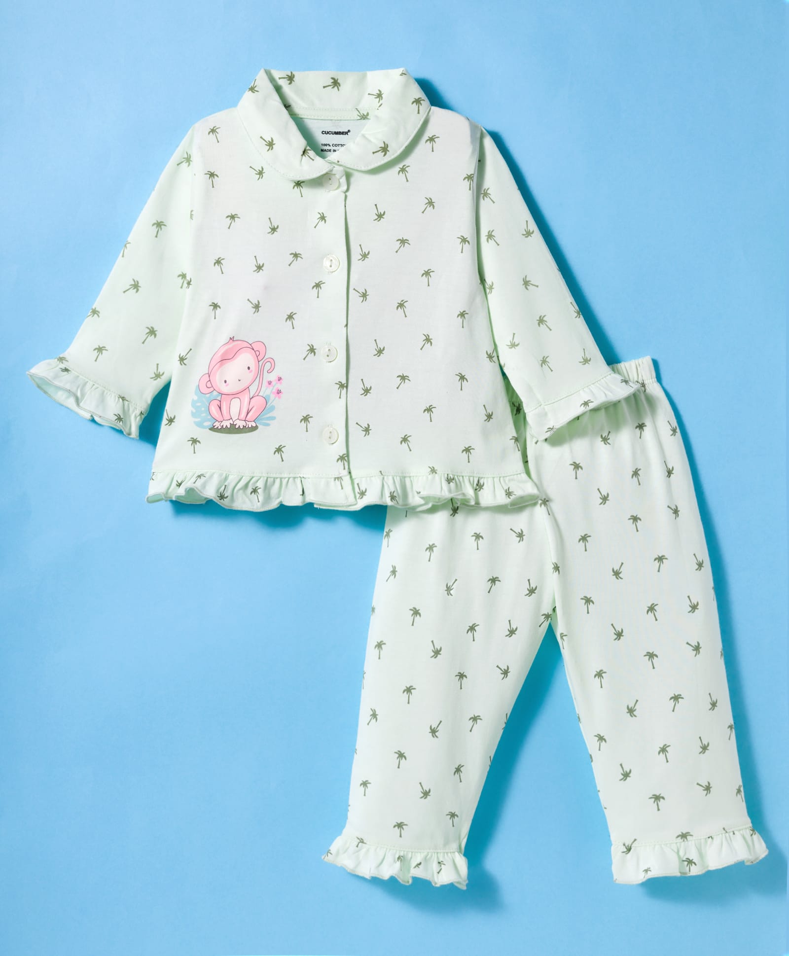 CUCUMBER Knitted Full Sleeves Co-ords Night Suit With Monkey Print - Sea Green-image-45