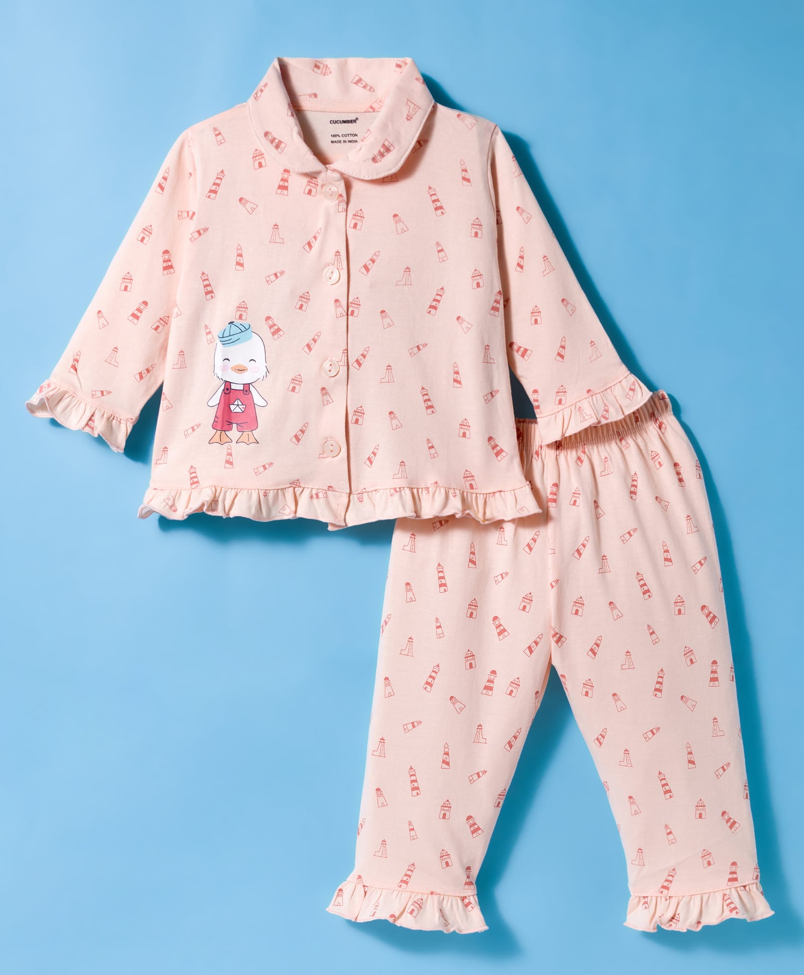 CUCUMBER Knitted Full Sleeves Co-ords Night Suit With Duck Print - Baby Pink-image-48