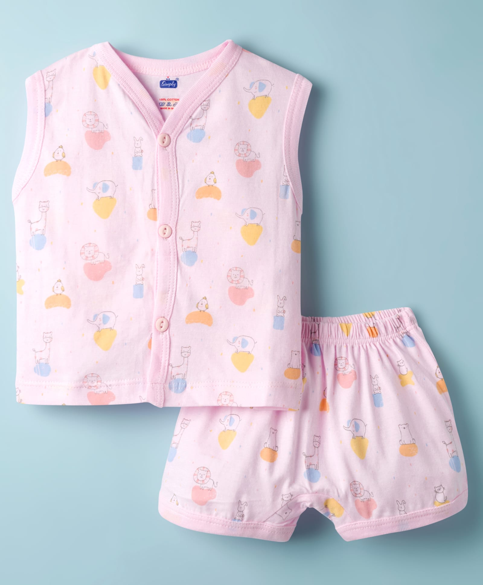 Simply Sinker Knit Sleeveless T-Shirt & Shorts Co-ords Night Suit With Lion Print - Pink-image-34