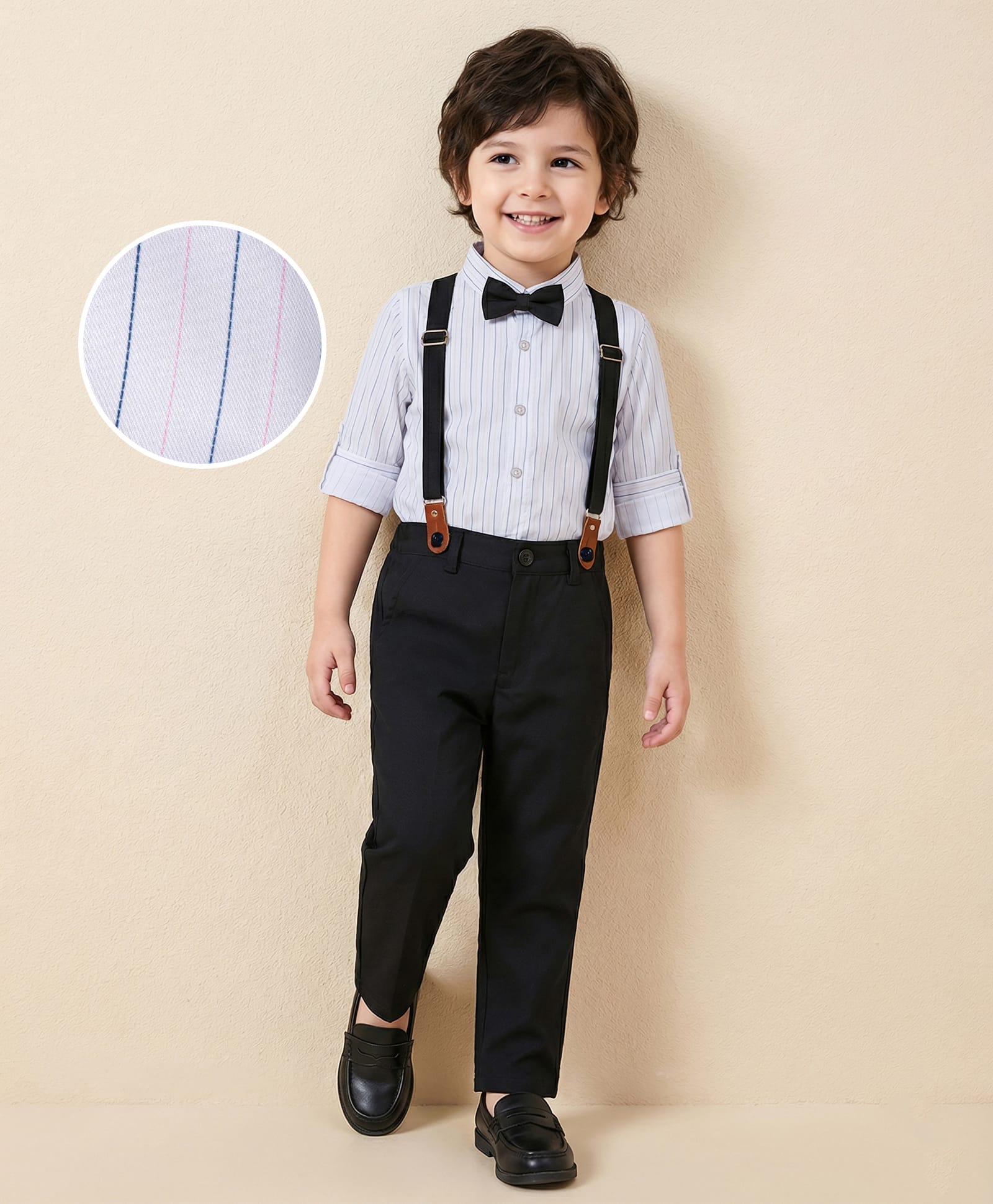 Mark & Mia Cotton Lycra Woven Full Sleeves Pleated Shirt & Trouser With Bow & Suspender - Off White-picture-16
