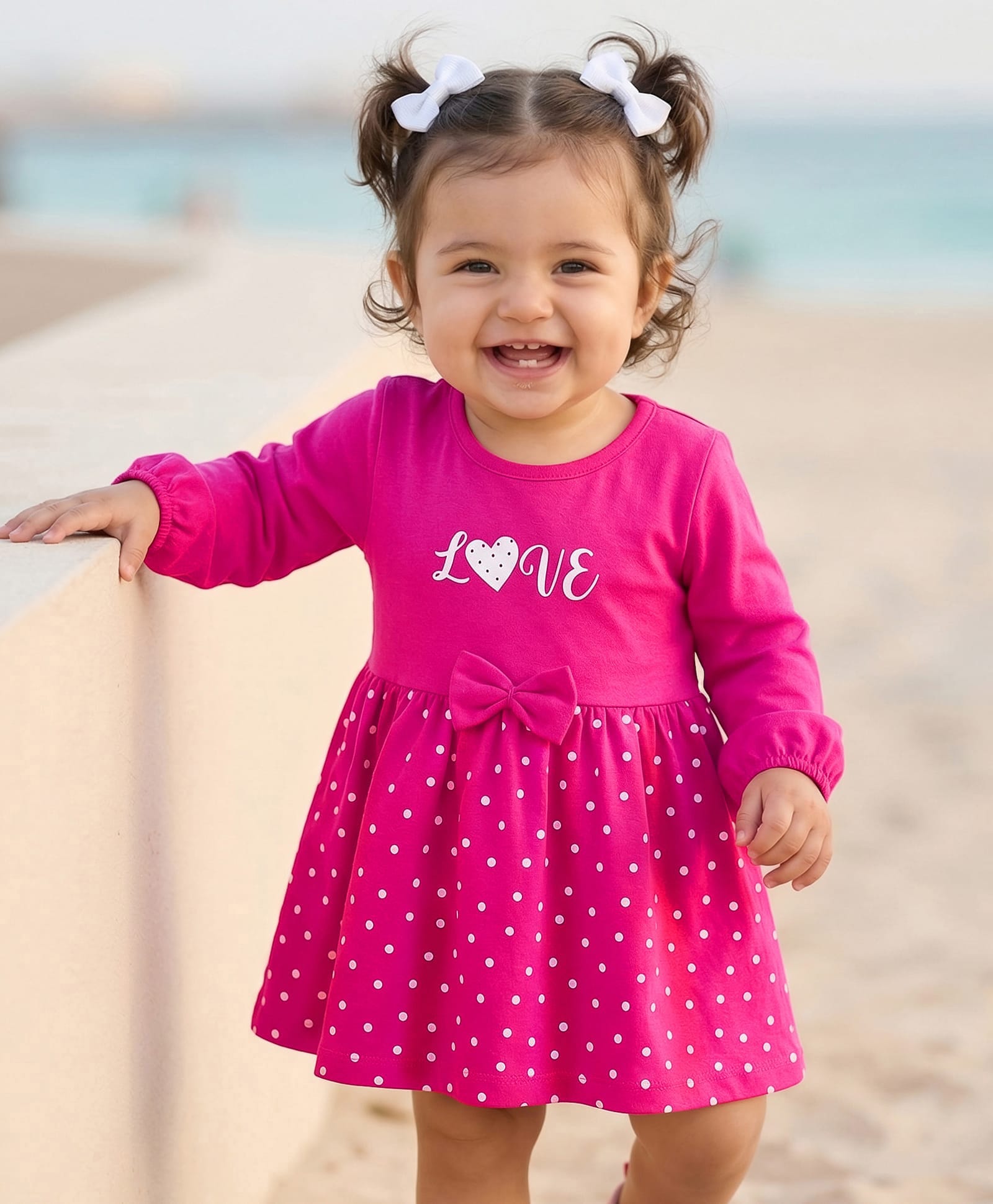 Doodle Poodle 100% Cotton Single Jersey Knit Full Sleeves Frock With Polka Dot Print & Bow Applique - Fuchsia-picture-25
