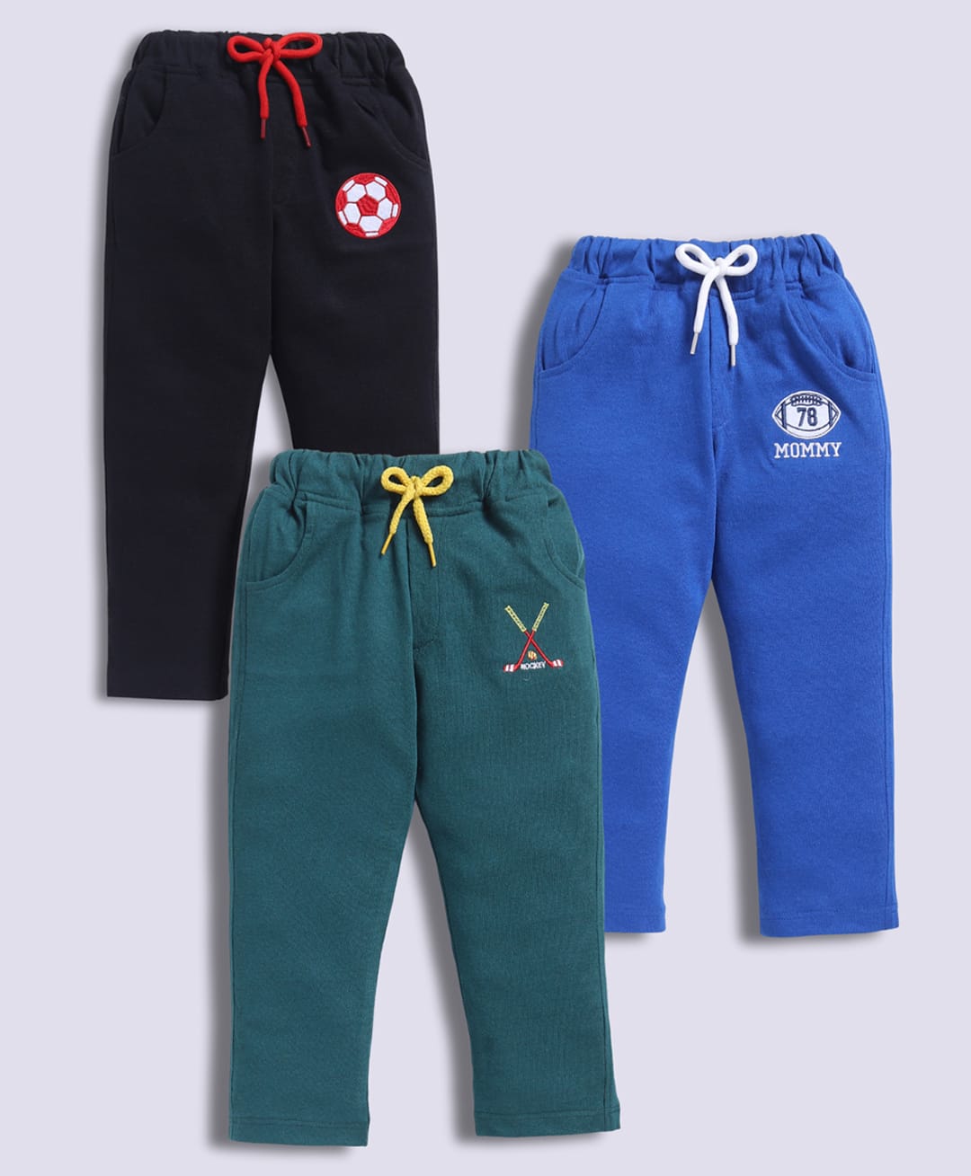 blushh berry Fleece Knit Pack Of 3 Sports Theme Embroidered Joggers - Black Blue & Green-picture-23