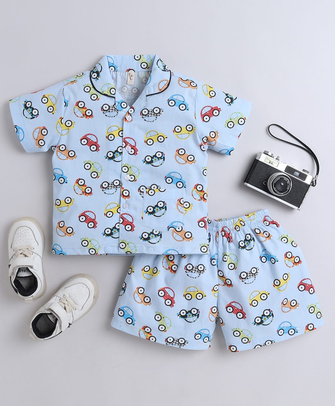 The Magic Wand Cotton Woven Half Sleeves Cars Printed Coordinating Shirt & Shorts Night Suit Set - Blue-image-40