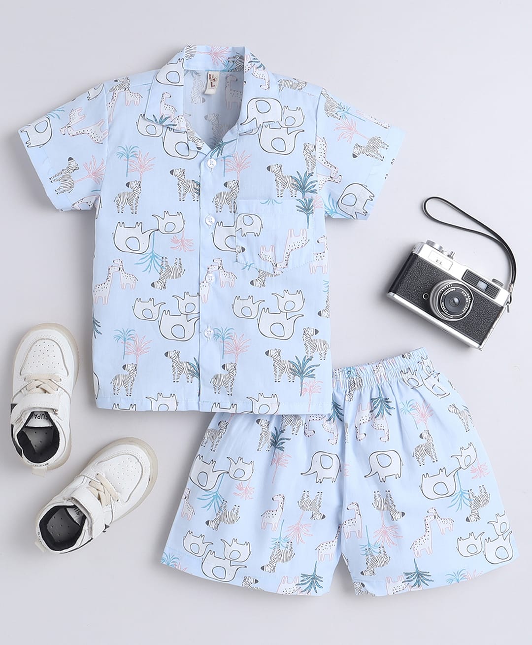 The Magic Wand Cotton Woven Half Sleeves Animals Printed Coordinating Shirt & Shorts Night Suit Set - Blue-image-10