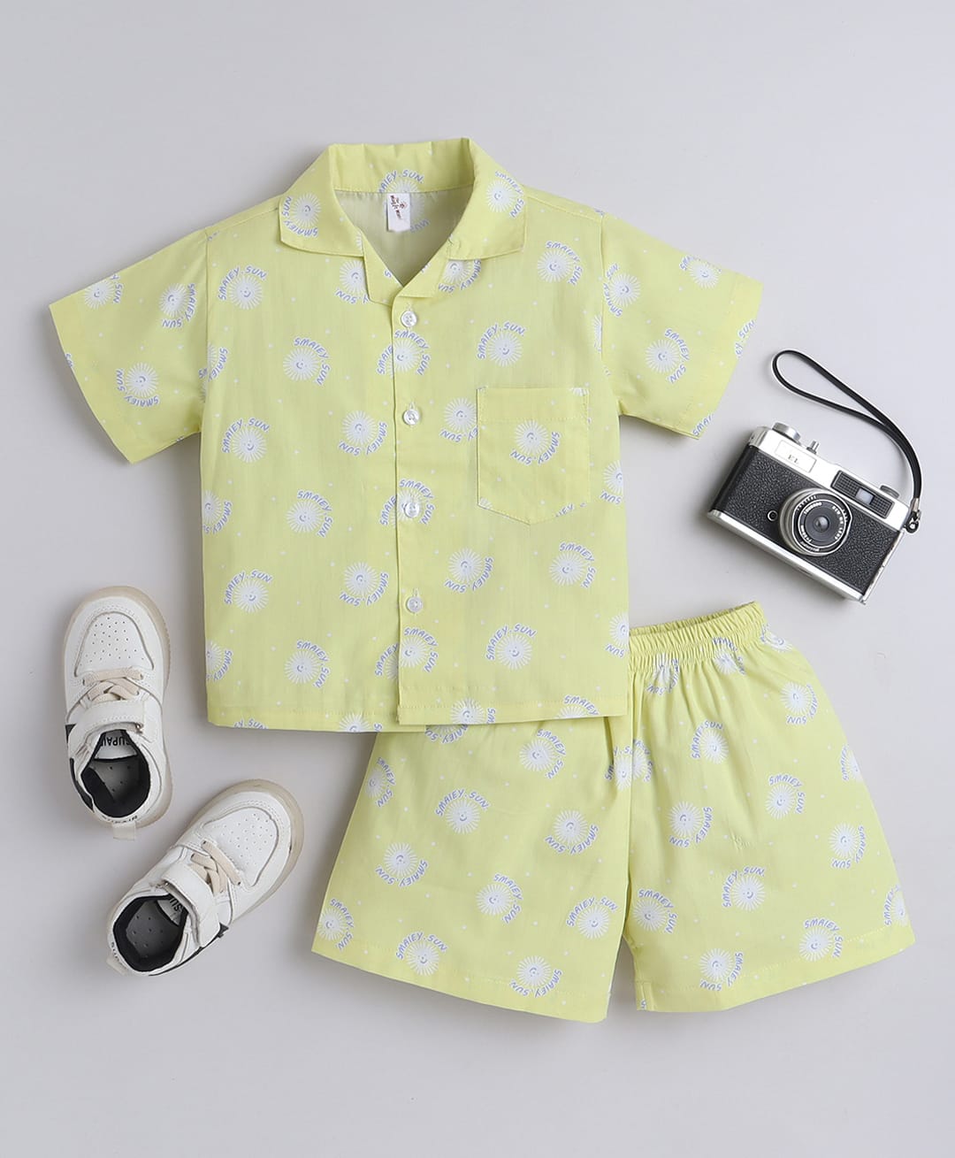 The Magic Wand Cotton Woven Half Sleeves Sun Printed Coordinating Shirt & Shorts Night Suit Set - Yellow-image-6