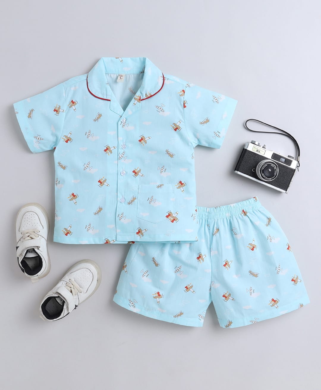 The Magic Wand Cotton Woven Half Sleeves Airplanes Printed Coordinating Shirt & Shorts Night Suit Set - Blue-image-39