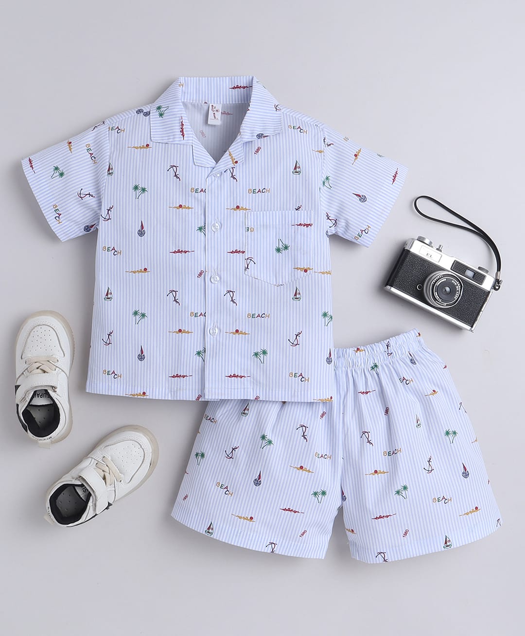 The Magic Wand Cotton Woven Half Sleeves Beach Theme Printed Coordinating Shirt & Shorts Night Suit Set - Blue-picture-35