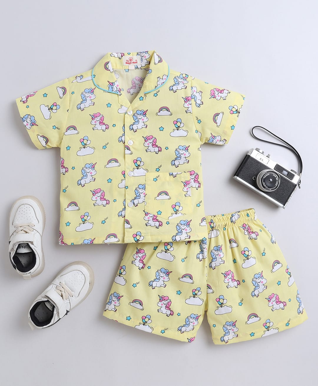 The Magic Wand Cotton Woven Half Sleeves Unicorn Printed Shirt & Shorts Night Suit Set - Yellow-image-42