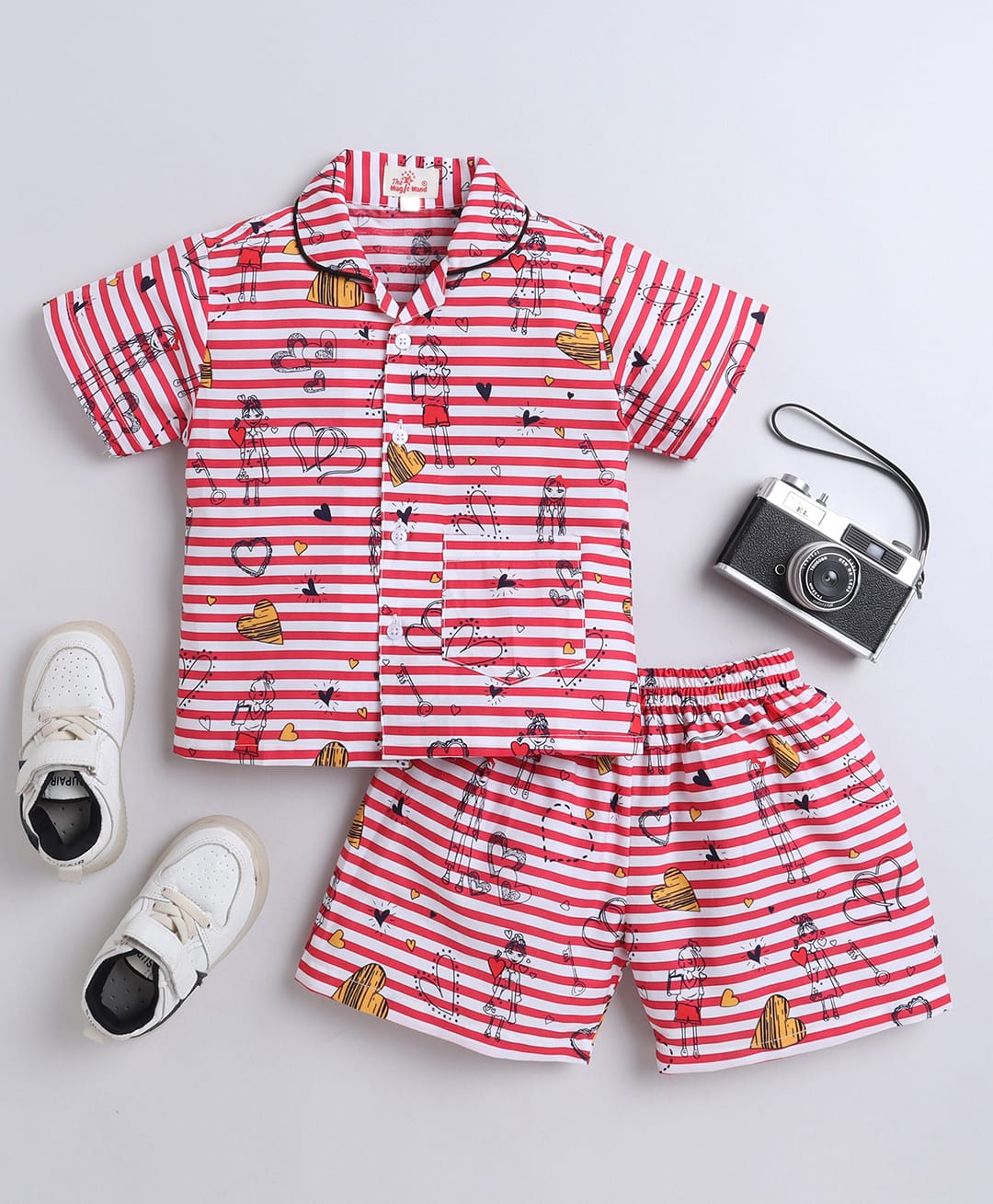 The Magic Wand Cotton Woven Half Sleeves Striped & Hearts Printed Coordinating Shirt & Shorts Night Suit Set - Red-image-33