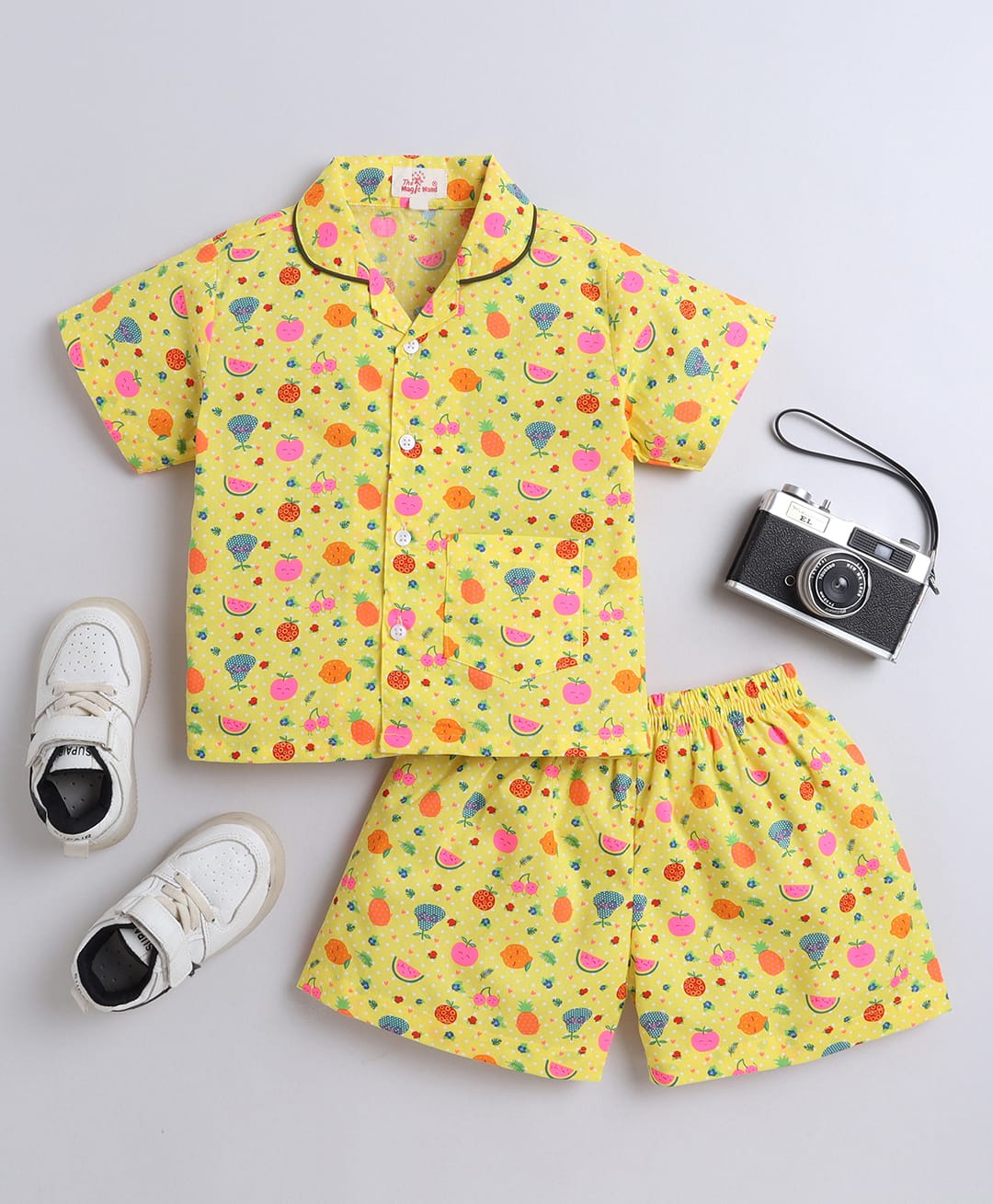 The Magic Wand Cotton Woven Half Sleeves Fruits Printed Coordinating Shirt & Shorts Night Suit Set - Yellow-picture-27
