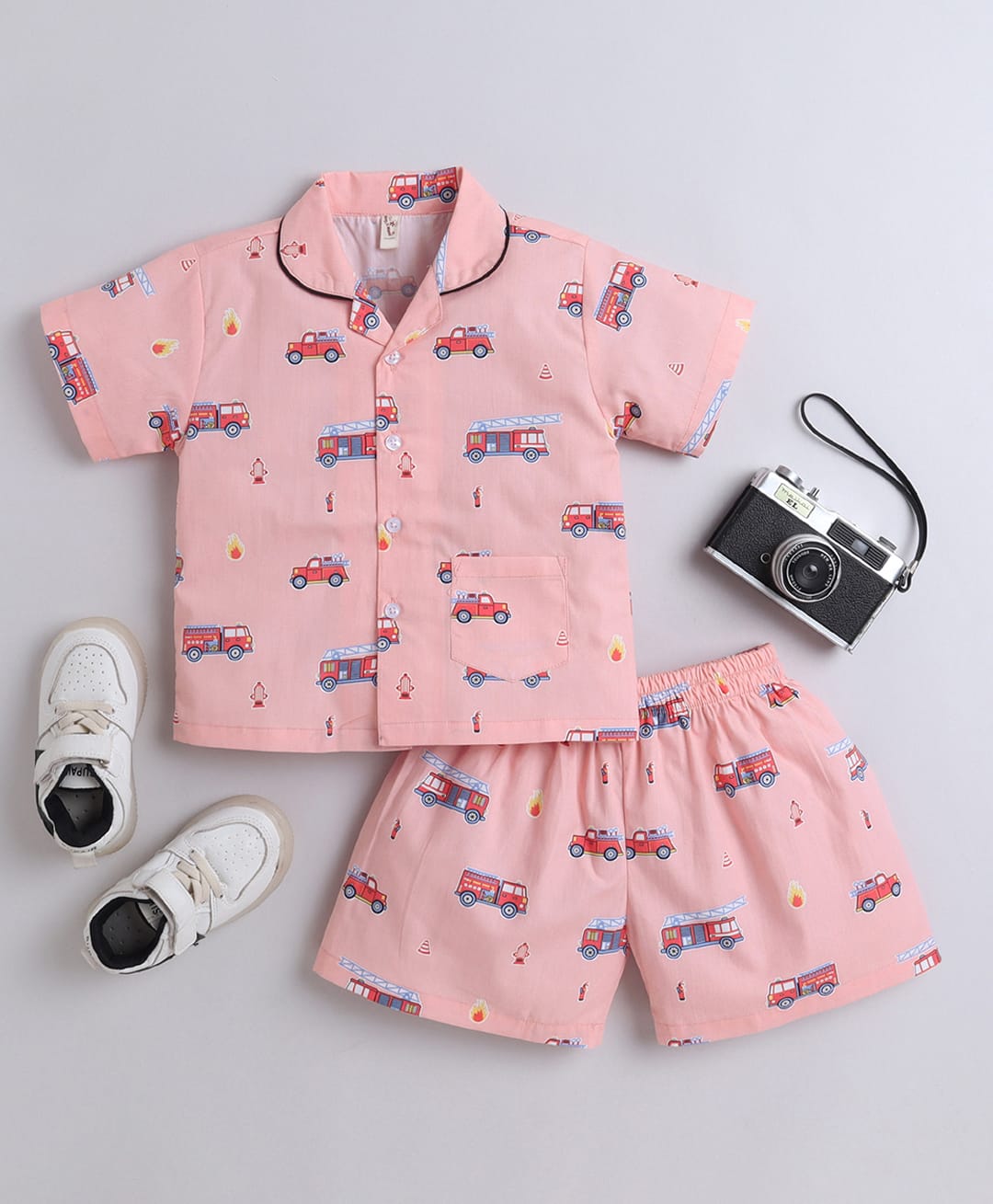 The Magic Wand Cotton Woven Half Sleeves Fire Truck Theme Printed Coordinating Shirt & Shorts Night Suit Set - Peach-picture-19