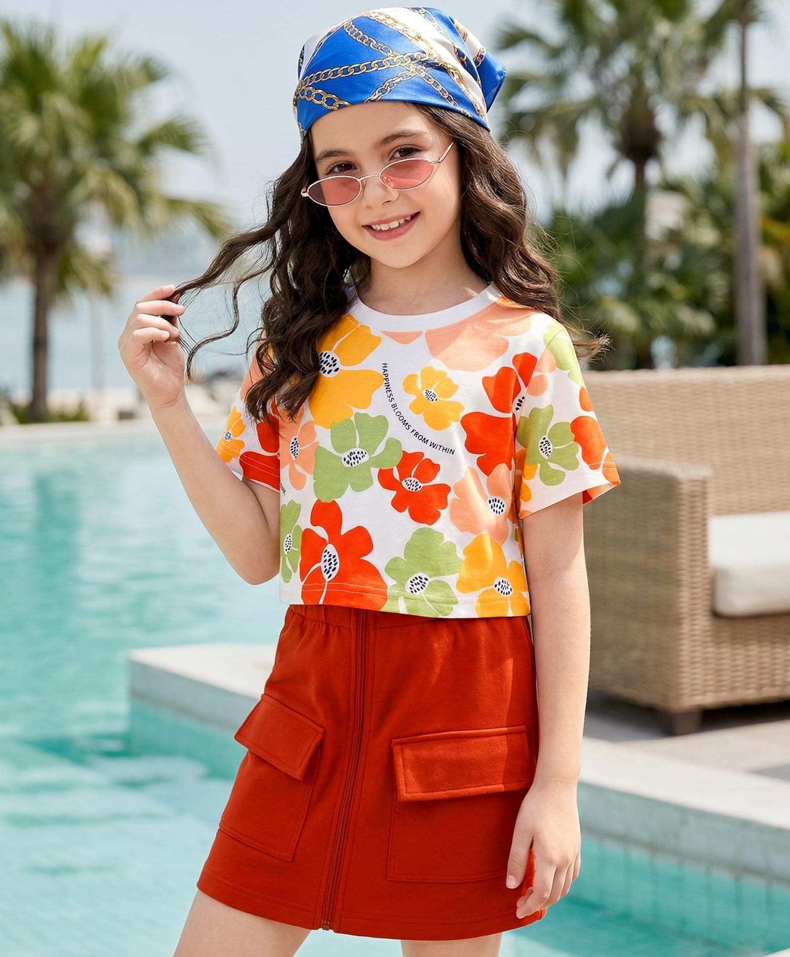 OLLINGTON ST. Cotton Half Sleeves Printed Top & Knit Skirt Set - White & Orange-image-34