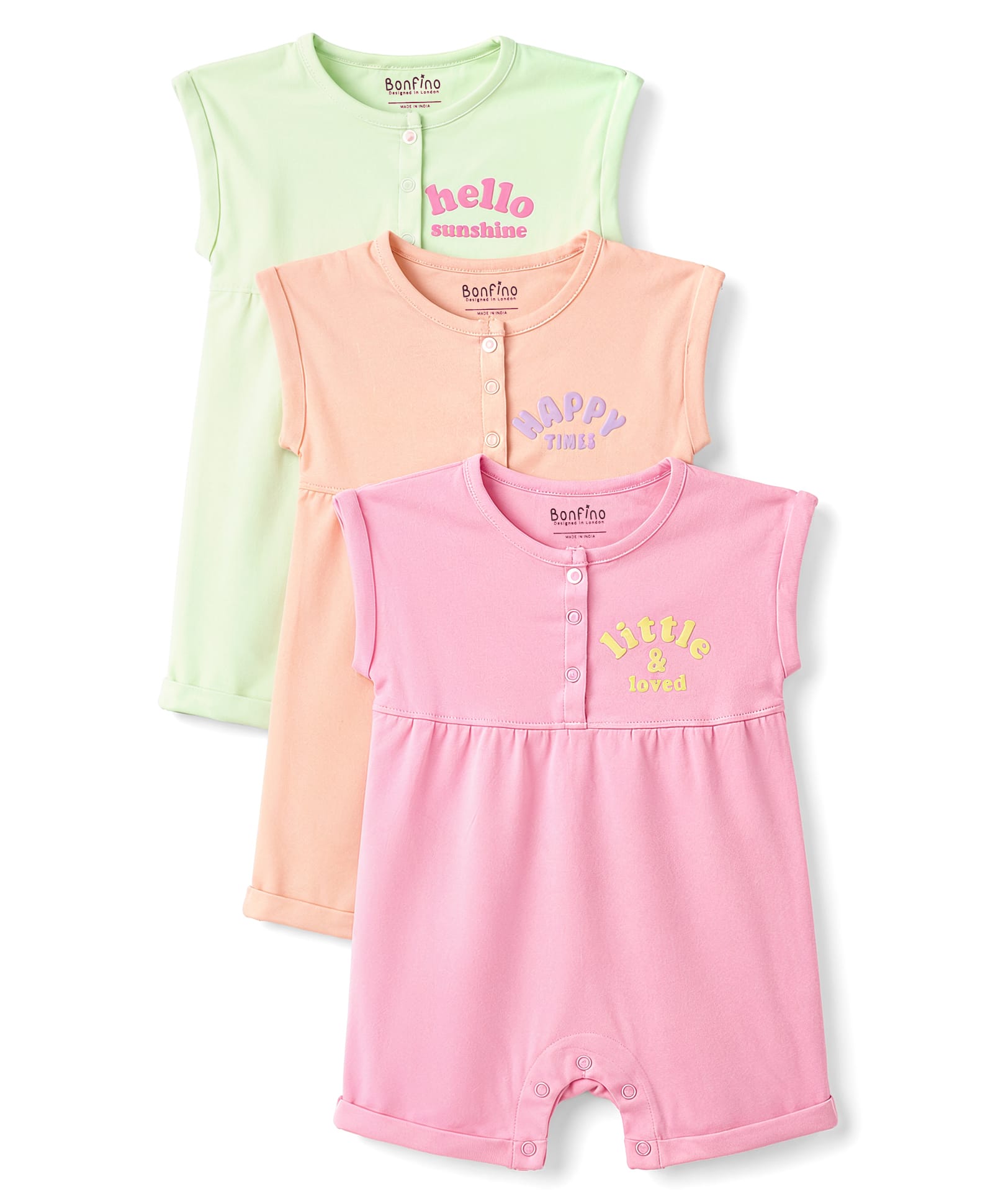 Bonfino 100% Cotton Knit Sleeveless Text Printed Romper Pack Of 3 - Multicolor-image-27