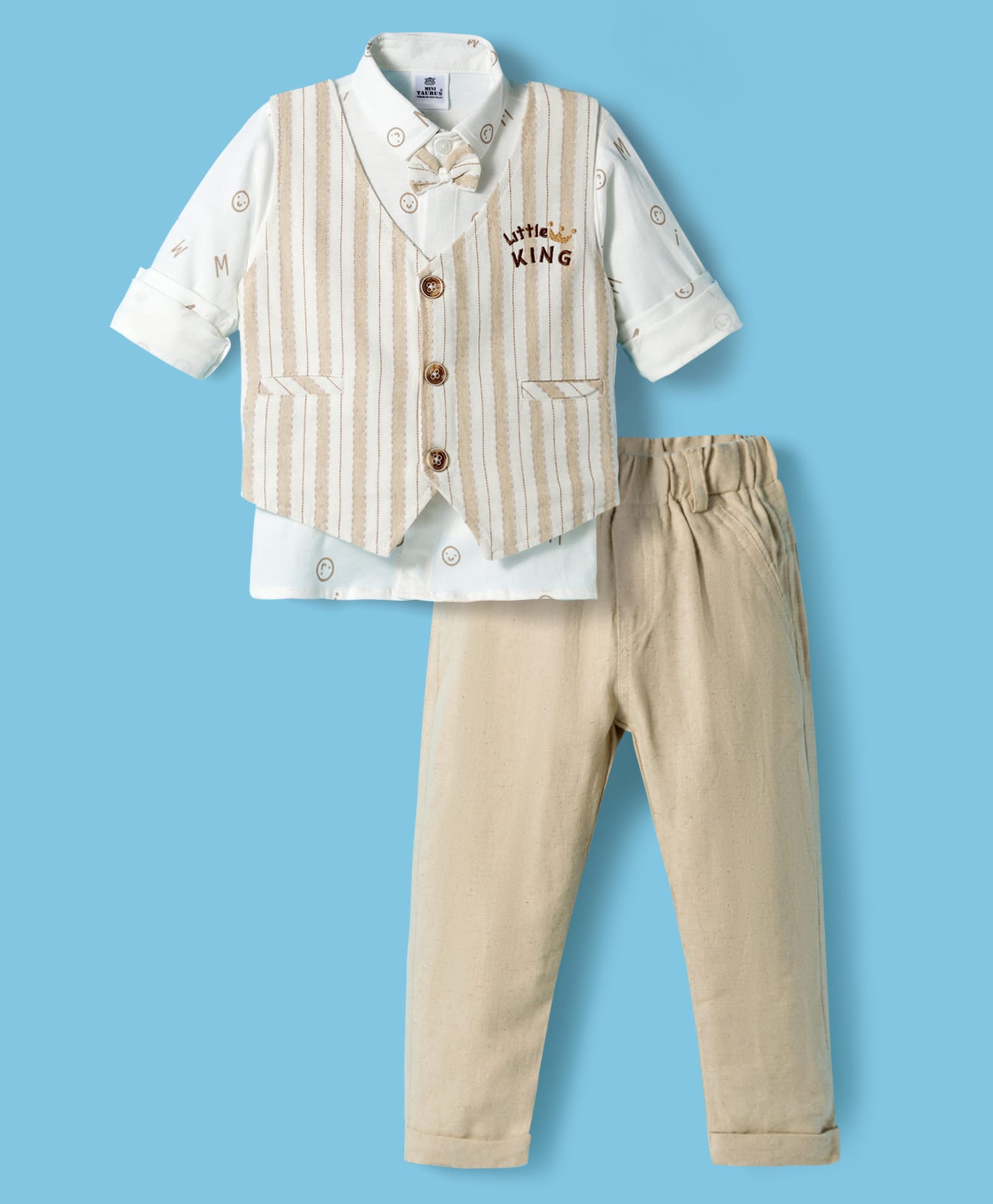 Mini Taurus Sinker Knit Full Sleeves Printed 3 Piece Party Suit With Bow Applique - Beige-picture-28