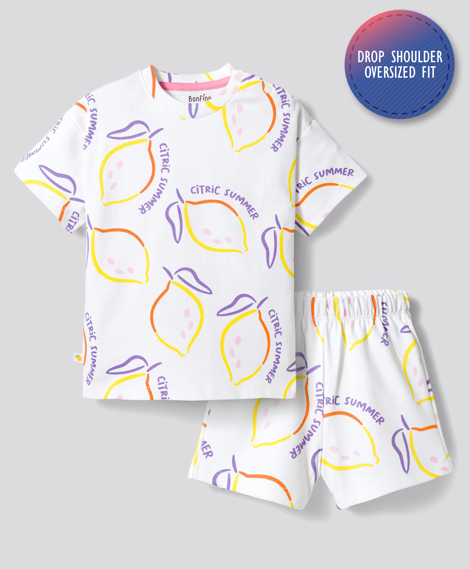 Bonfino 100% Cotton Knit Half Sleeves Co-ords T-Shirt & Shorts Night Suit with Lemon Print - White-picture-28