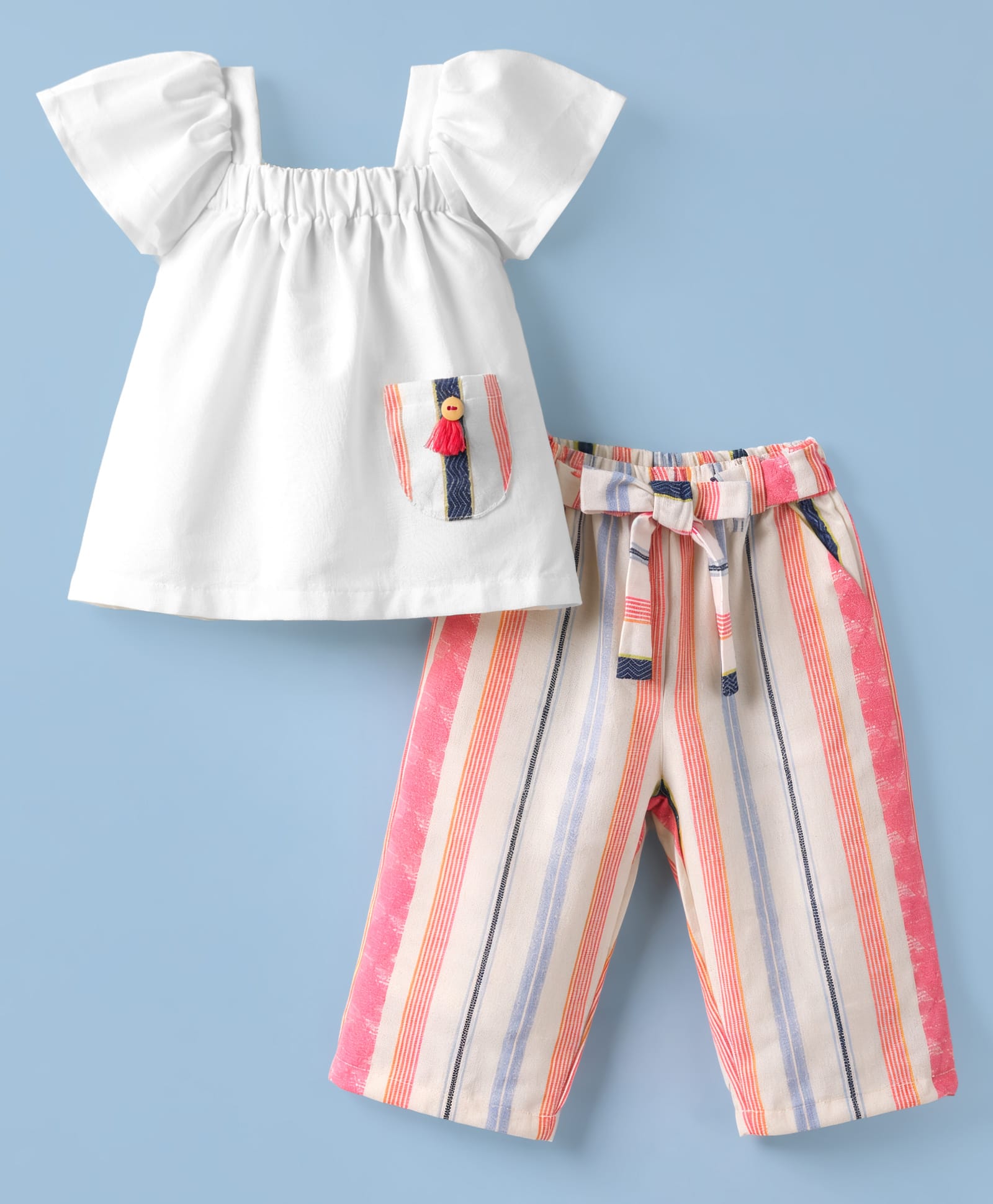 Twetoons Woven Half Sleeves Top & Striped Leggings Set - Multicolor-image-1