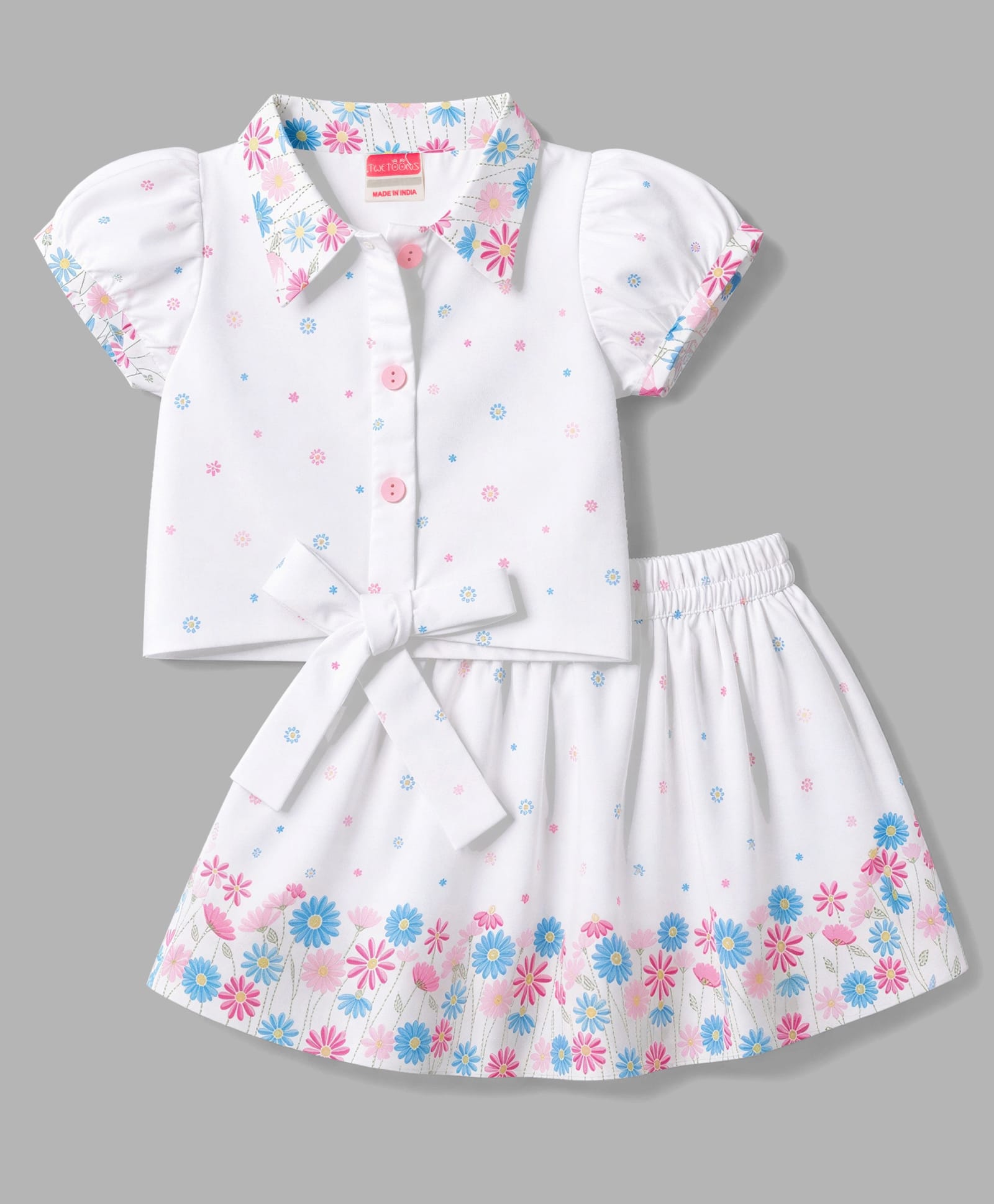 Twetoons Woven Half sleeves Top & Skirt With Floral Print - White-image-0
