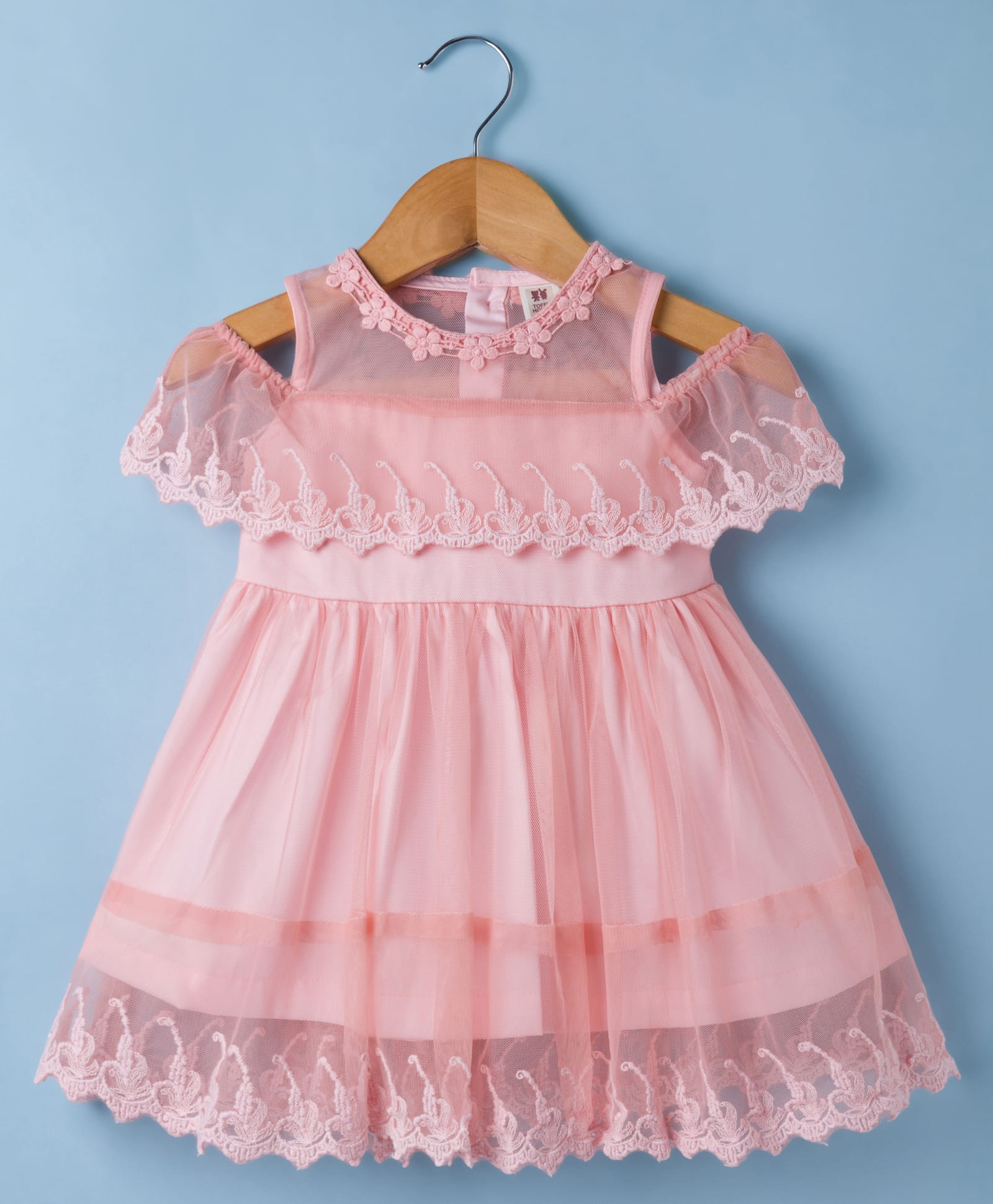 ToffyHouse 100% Cotton Woven Cold Shoulder Sleeves Solid Colour Party Dress with Headband Floral Embroidery & Lace Detailing - Light Red-image-44