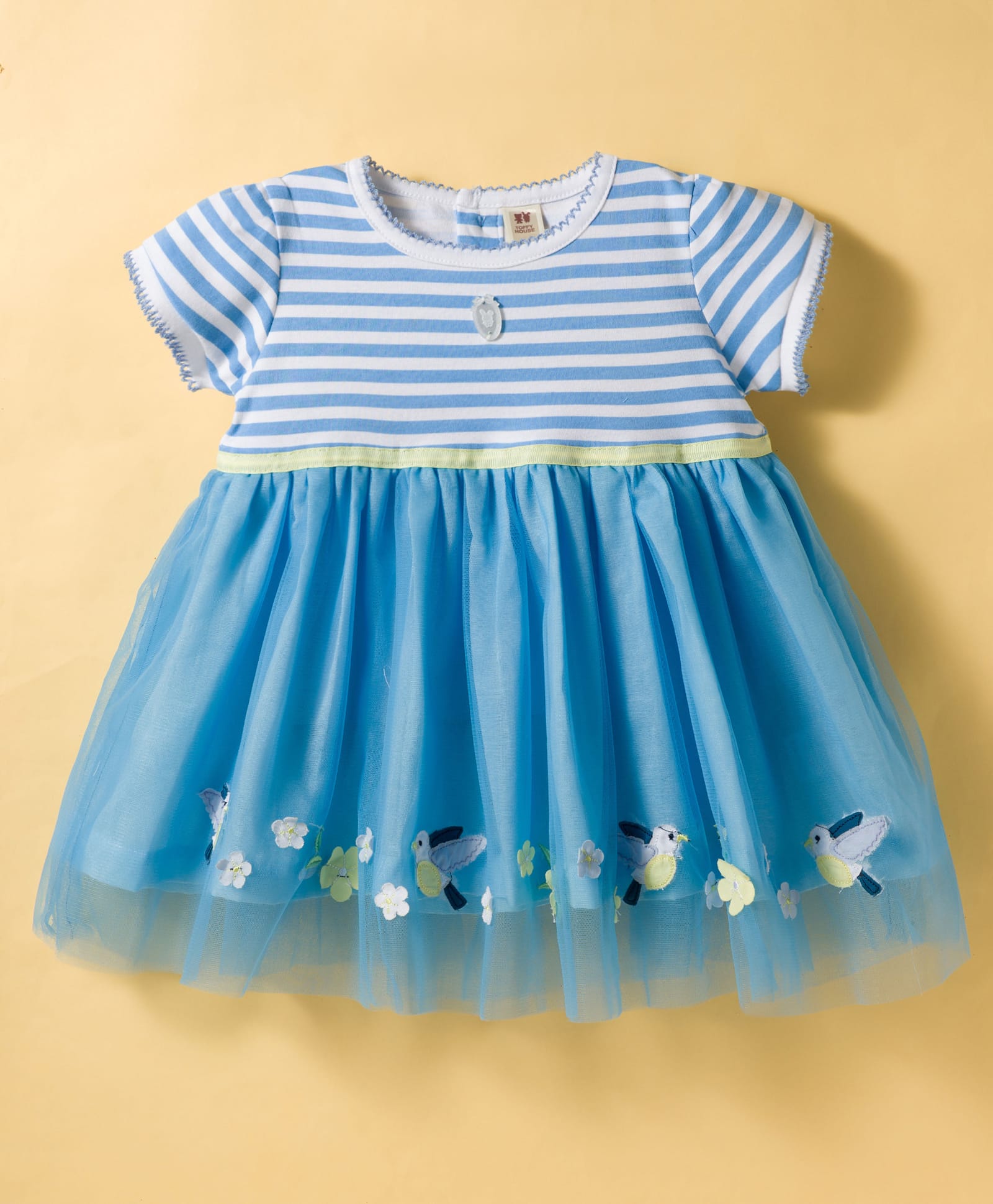 ToffyHouse 100% Cotton Woven Half Sleeves Striped Party Dress with Floral & Bird Patch - Light Blue-picture-47