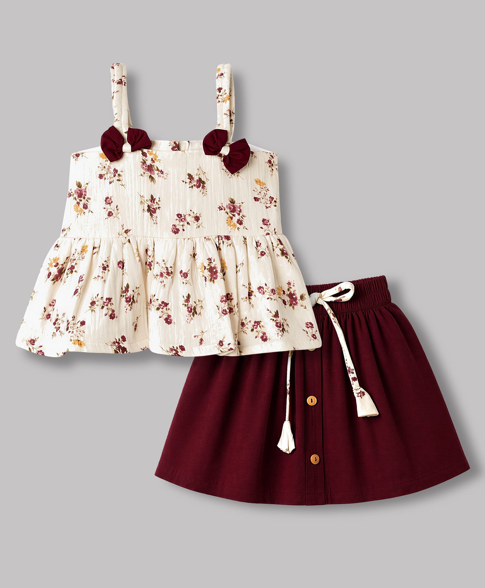 Twetoons Woven Sleeveless Top & Skirt With Floral Print & Bow Applique - Maroon-picture-14
