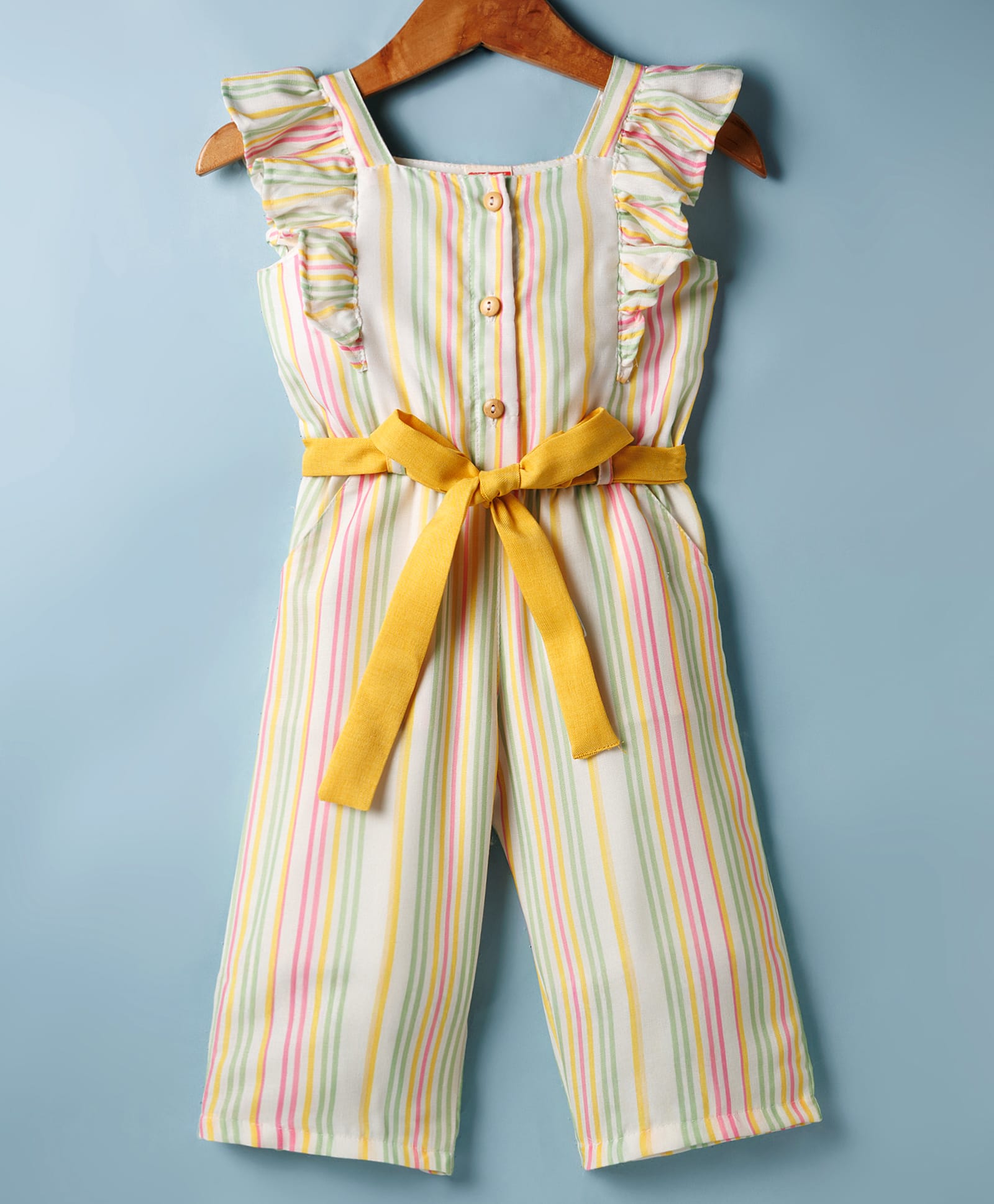Twetoons Woven Frill Sleeves Striped Jumpsuit with Belt - Multicolor-image-26