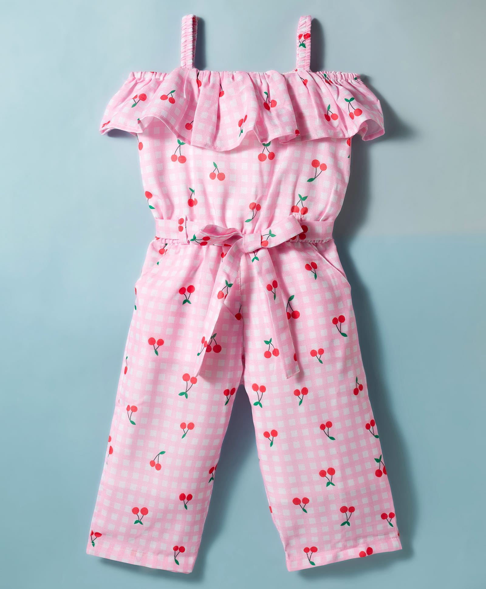 Twetoons Woven Sleeveless Checked & Cherry Printed Jumpsuit - Pink-picture-16