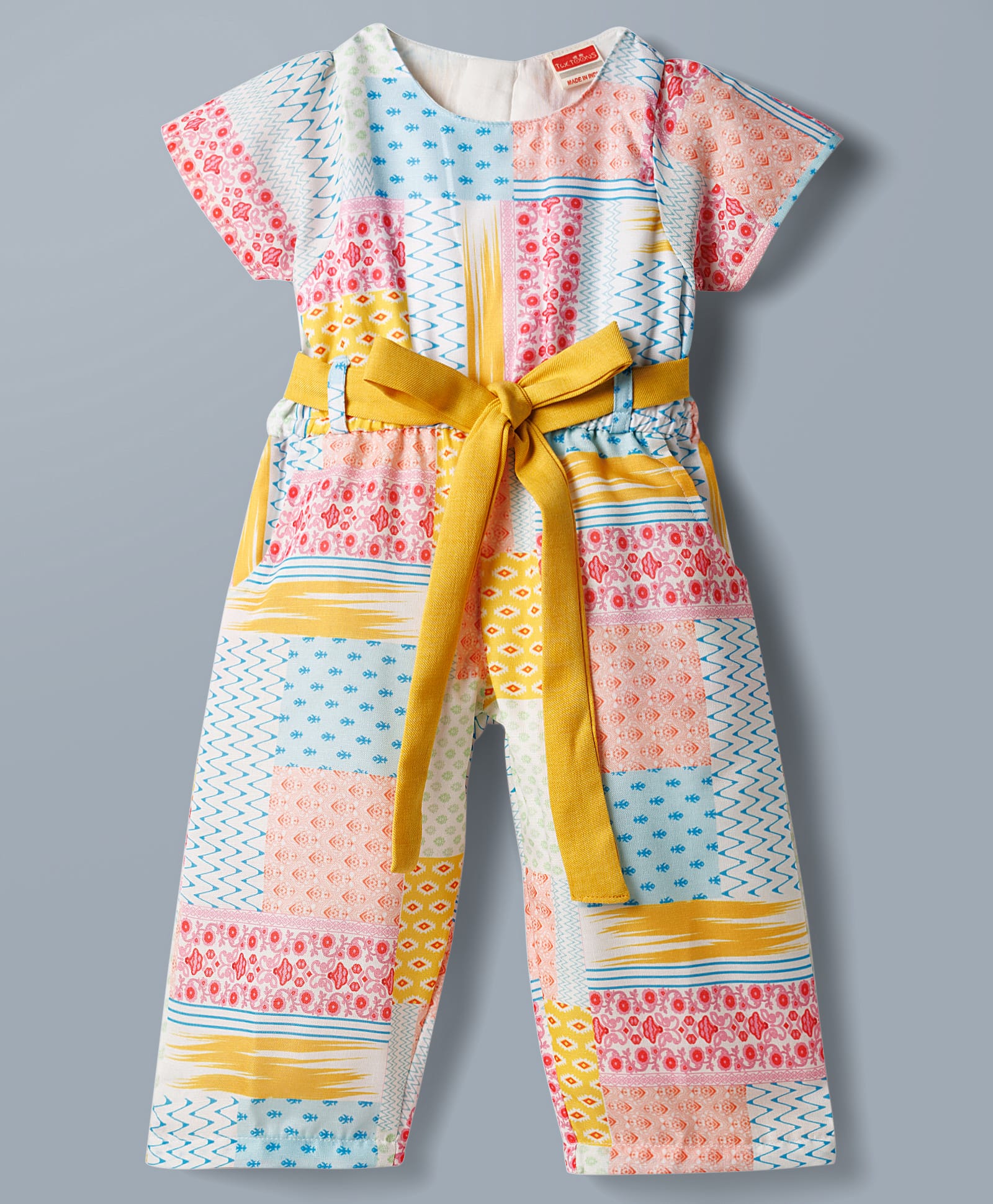 Twetoons Woven Half Sleeves Printed Jumpsuit with Belt - Yellow-picture-28