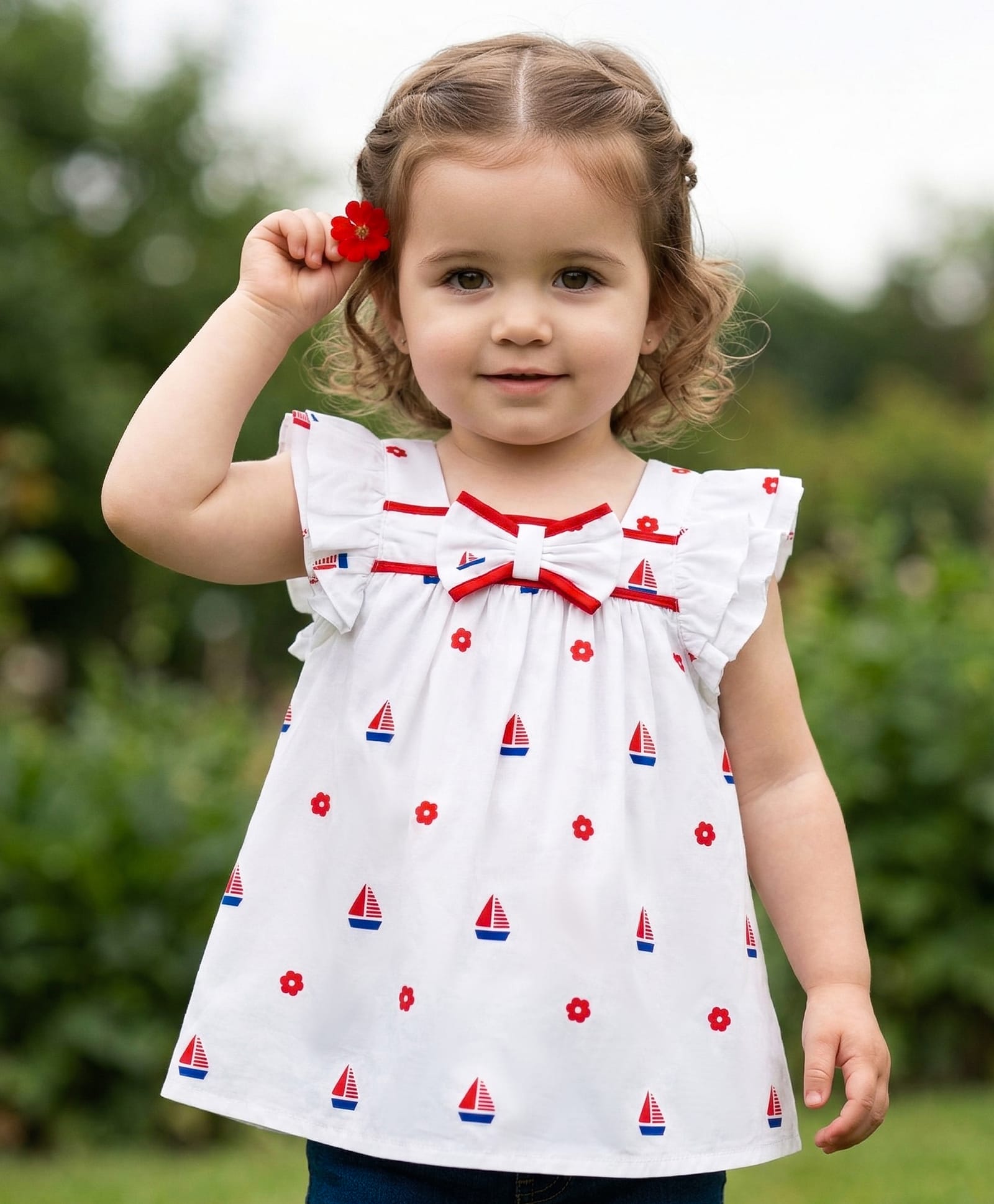 Babyoye Poplin Woven Frill Sleeves Top With Ship Print & Bow Applique - White Red & Navy Blue-image-47