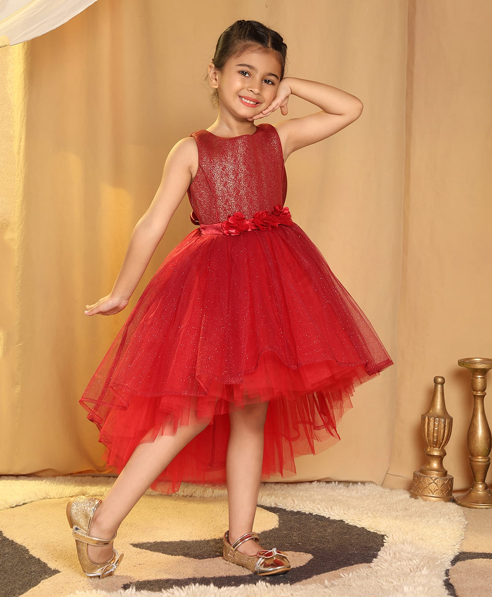 Toy Balloon Kids Net Woven Sleeveless Glitter Detailed Floral Applique High Low Dress - Maroon